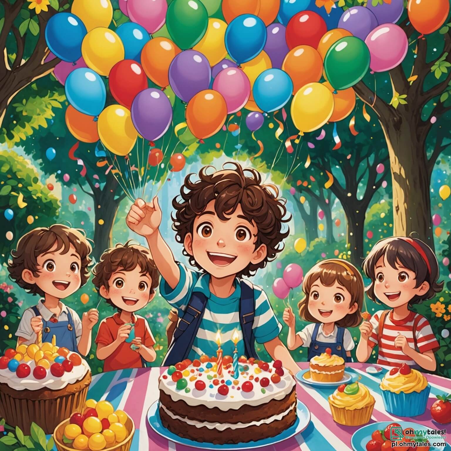 Une illustration destinée aux enfants représentant un garçon aux cheveux châtains et bouclés, débordant d'énergie et d'enthousiasme, célébrant son anniversaire dans un jardin enchanté où des ballons colorés flottent dans l'air, des guirlandes de fleurs multicolores ornent les arbres majestueux, et une grande table recouverte d'une nappe à rayures vives est garnie de délicieux gâteaux et de friandises, entouré de ses amis, une fille pétillante aux yeux brillants, un garçon espiègle aux lunettes rondes et un autre garçon au sourire malicieux, tous impatients de partager des rires et des jeux sous le doux soleil d'une journée d'été.