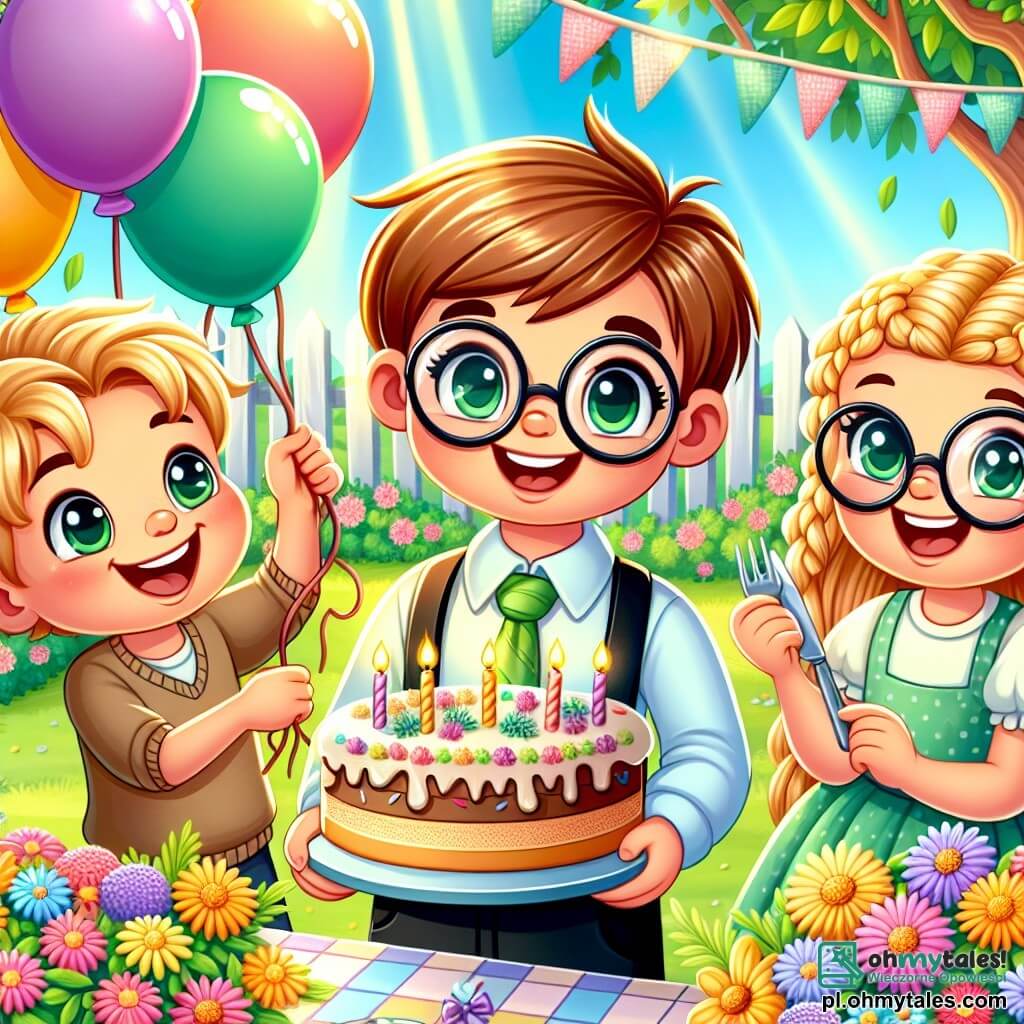 Une illustration sous forme de dessin destinée aux enfants représentant un jardin coloré et ensoleillé, avec un garçon de 9 ans aux cheveux châtains et aux yeux pétillants, souriant joyeusement alors qu'il décore une table avec des ballons et des fleurs pour célébrer la fête des mères, tandis qu'une petite fille aux tresses blondes et un garçon aux lunettes rondes l'aident en tenant des assiettes de gâteaux et en riant ensemble, créant une atmosphère festive et magique pleine de joie et d'amour.