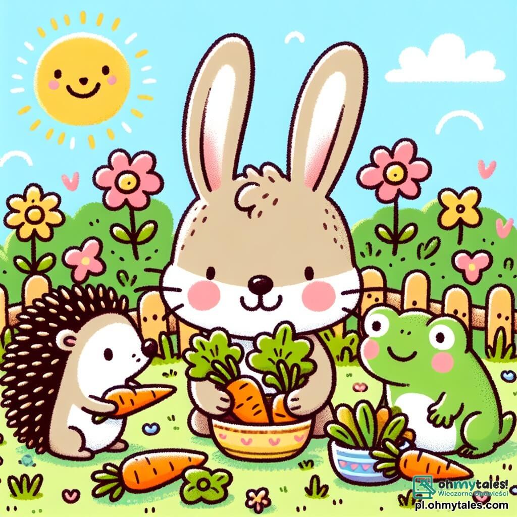 Une illustration sous forme de dessin destinée aux enfants représentant un jardin ensoleillé rempli de fleurs colorées, où un adorable lapin aux grandes oreilles et au pelage doux s'active joyeusement à rassembler des carottes, tandis qu'à ses côtés, un petit hérisson aux piquants ronds et un grenouille verte souriante les observent avec curiosité, tous trois partageant un moment de camaraderie en préparant une délicieuse salade de légumes pour leurs amis.