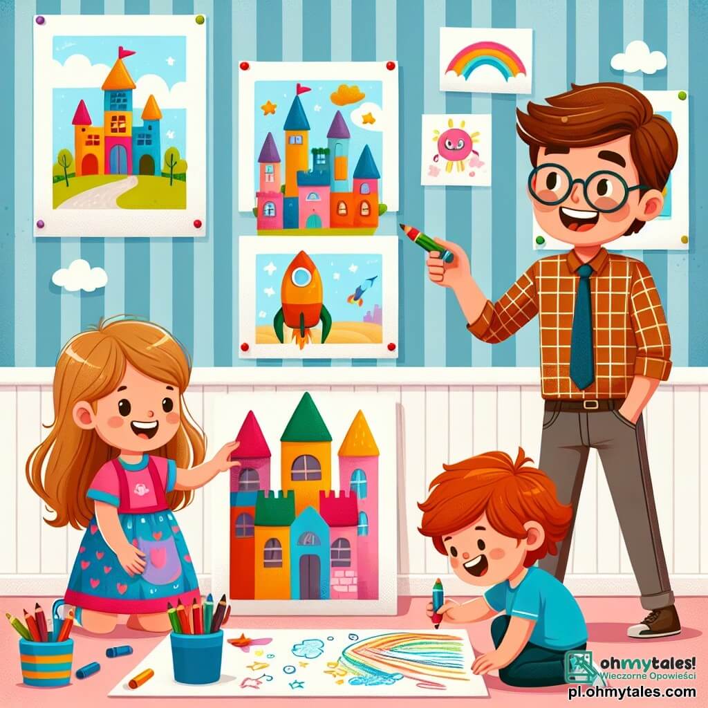 Une illustration sous forme de dessin destinée aux enfants représentant une salle de classe lumineuse avec des murs colorés, où un homme aux cheveux bruns et aux lunettes, souriant et vêtu d'une chemise à carreaux, se penche sur une petite fille aux cheveux blonds, vêtue d'une robe colorée, qui dessine un grand château, tandis qu'un garçon aux cheveux châtains, portant un t-shirt bleu, lève la main avec enthousiasme pour montrer sa fusée, le tout entouré de dessins d'enfants accrochés aux murs, illustrant leurs rêves et leurs aspirations.