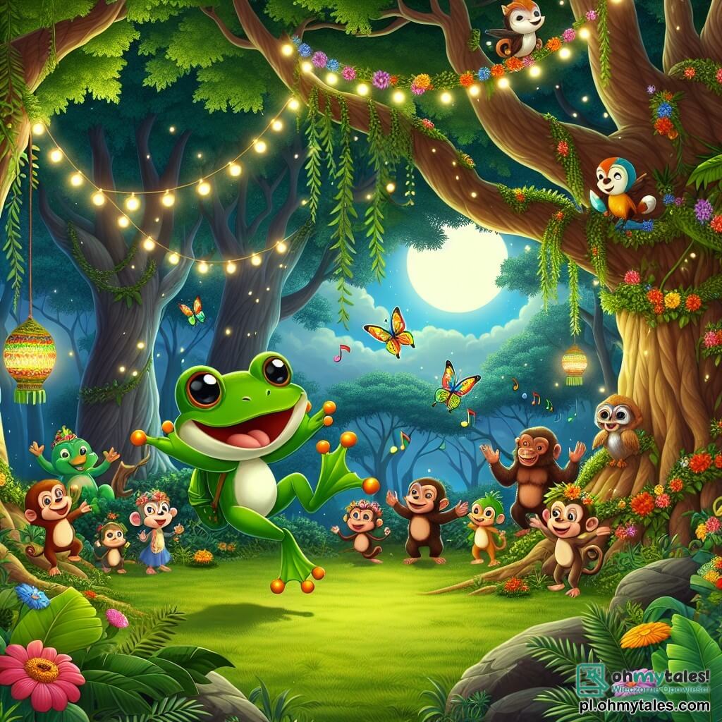 Ilustracja przedstawiająca magiczną scenę na polanie w dżungli, oświetloną delikatnym światłem księżyca. Wspaniałe drzewa o grubych pniach i bujnych liściach tworzą zieloną ramę, podczas gdy kolorowe kwiaty i świetliki tańczą w powietrzu, dodając odrobinę bajkowości. W centrum skacze mała zielona żabka z dużymi, błyszczącymi oczami, trzymająca w łapkach ładne zaproszenie w kształcie liścia. W pobliżu gromadzi się wesoła grupa zwierząt: młody małpka o brązowej sierści, który robi miny trzymając banana, oraz kolorowy papuga o jaskrawych piórach, który wesoło śpiewa. Scena emanuje atmosferą święta i przyjaźni, z nutami muzyki unoszącymi się w powietrzu i echem śmiechu wokół. Girlandy kwiatów i latarnie z owoców zawieszone na gałęziach dodają do świątecznego nastroju, podczas gdy stary lew, siedząc na kamieniu, uśmiecha się, patrząc na radosne zgromadzenie.