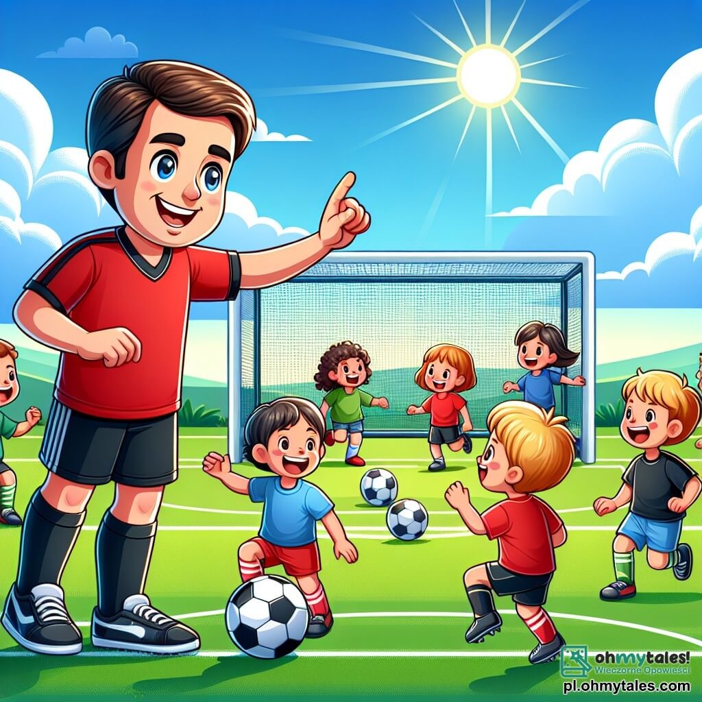 Une illustration sous forme de dessin destinée aux enfants représentant un terrain de football verdoyant sous un ciel bleu ensoleillé, avec un homme au sourire chaleureux, portant un maillot de football rouge et un short noir, montrant aux enfants comment bien tirer au but, tandis qu'un groupe de garçons et de filles, tous âgés d'environ six ans, s'entraîne autour de lui, certains riant et d'autres concentrés sur leurs passes, capturant l'esprit de camaraderie et d'apprentissage dans le jeu.