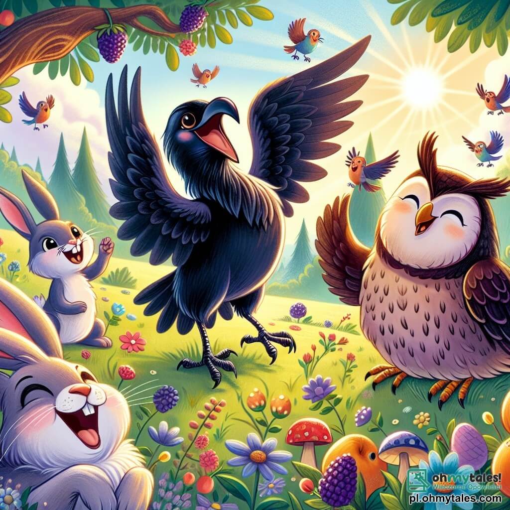 Une illustration sous forme de dessin destinée aux enfants représentant une scène colorée dans une clairière ensoleillée, où un corbeau aux plumes noires brillantes et aux yeux pétillants, en train de danser joyeusement sur une branche, est entouré d'un joyeux lapin aux grandes oreilles et d'une sage chouette aux plumes douces, tous deux riant et applaudissant, tandis que des fleurs multicolores et des fruits juteux décorent le sol, créant une atmosphère festive et amicale pour une grande fête animalière.