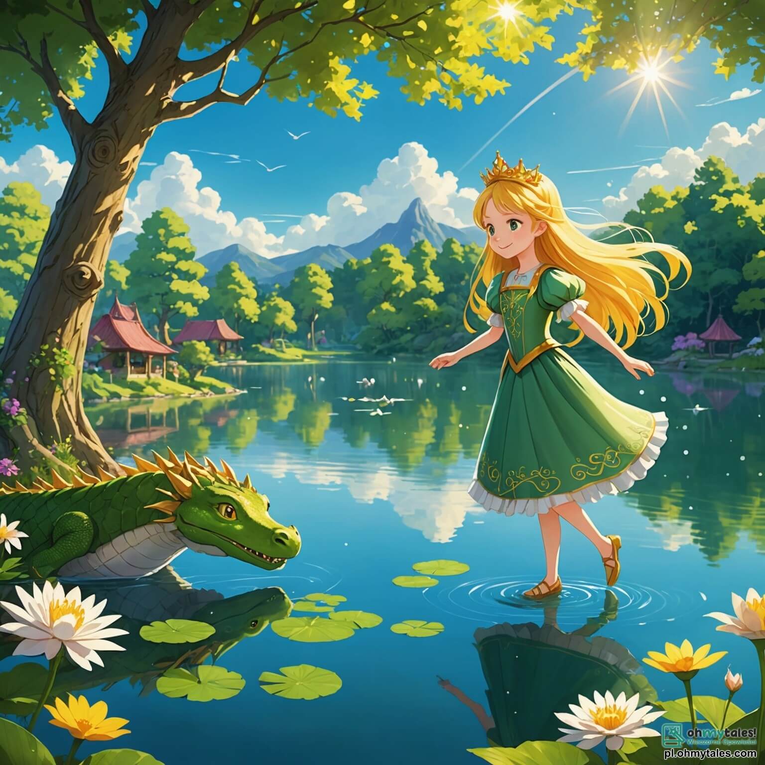 Une illustration destinée aux enfants représentant une princesse aux cheveux dorés scintillants comme des rayons de soleil, qui se trouve dans un royaume enchanté où les arbres dansent au rythme du vent et les fleurs chantent des mélodies joyeuses, tandis qu'un petit dragon espiègle aux écailles vertes et aux yeux pétillants de malice l'accompagne dans ses aventures hilarantes au bord d'un lac étincelant, où les reflets des nuages forment des formes amusantes.