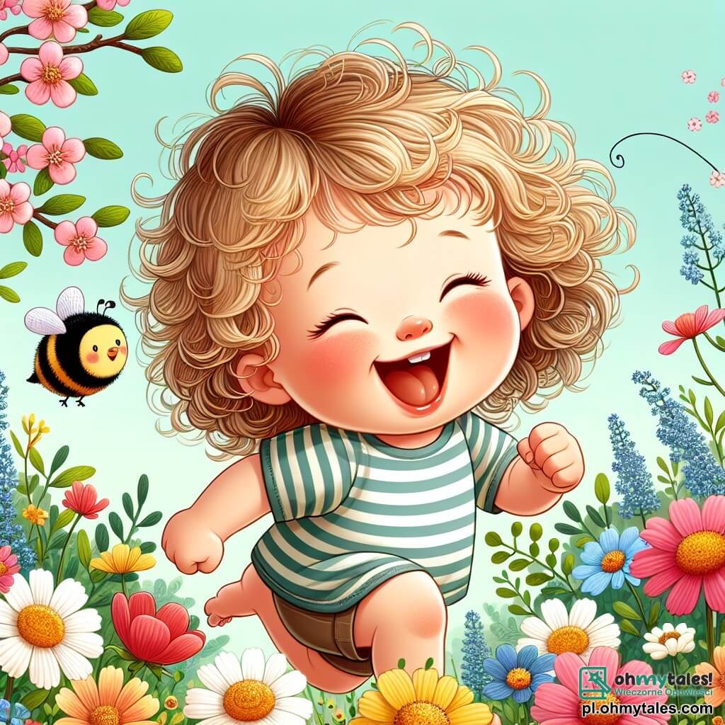 Une illustration sous forme de dessin destinée aux enfants représentant un jardin en pleine floraison, avec une petite fille de 1 an aux cheveux bouclés et aux joues roses, qui rit joyeusement en courant parmi des fleurs colorées, tandis qu'un petit oiseau aux plumes brillantes chante sur une branche et une petite abeille aux rayures jaunes et noires vole autour d'elle, capturant l'esprit joyeux du printemps et l'émerveillement de la nature.