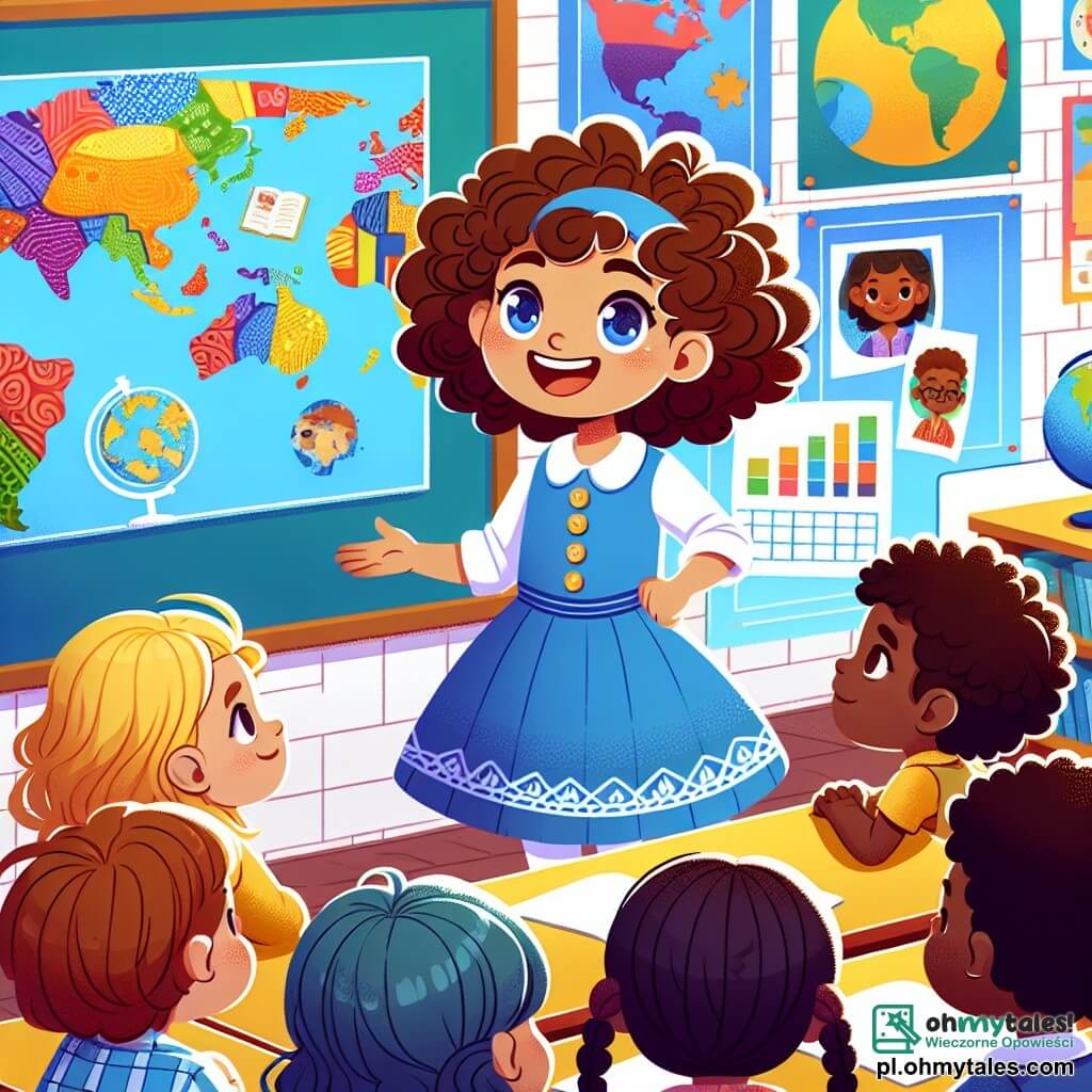 Une illustration sous forme de dessin destinée aux enfants représentant une salle de classe colorée avec des affiches sur les murs, où une fille de 9 ans aux cheveux bruns et bouclés, portant une jolie robe bleue, sourit en présentant une carte du monde à ses camarades, tandis qu'une fille aux cheveux blonds et une peau claire, ainsi qu'un garçon aux cheveux noirs et une peau mate, l'écoutent attentivement, illustrant un moment de partage et de tolérance entre enfants de différentes origines, réunis pour célébrer leurs cultures respectives.