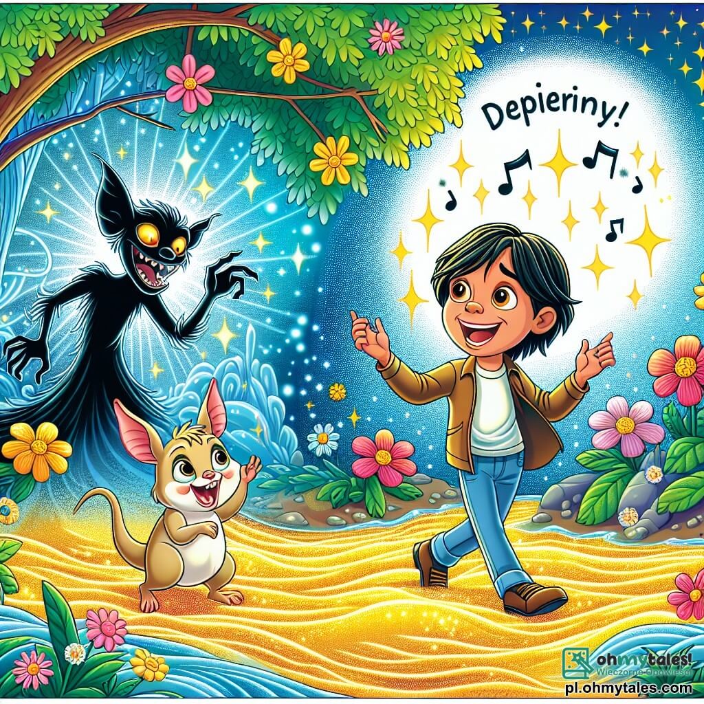 Une illustration sous forme de dessin destinée aux enfants représentant une scène magique au bord d'une Złota Rzeka scintillante, où un jeune garçon aux longs cheveux noirs et aux yeux brillants chante joyeusement, entouré de fleurs colorées, tandis qu'un petit stworek aux grandes oreilles et au sourire malicieux danse à ses côtés, alors qu'ensemble ils affrontent un mystérieux Zły Cień qui s'évanouit dans un tourbillon de lumière, symbolisant la victoire de la joie sur le mal.