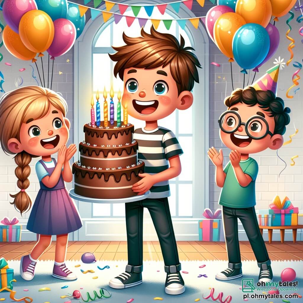 Une illustration sous forme de dessin destinée aux enfants représentant une salle de fête colorée, décorée de ballons et de serpentines, où un garçon de 11 ans aux cheveux bruns en bataille et portant un t-shirt rayé sourit joyeusement en tenant un grand gâteau d'anniversaire, tandis qu'une fille aux cheveux blonds tressés et un garçon aux lunettes rondes applaudissent autour de lui, tous célébrant ensemble un moment magique d'anniversaire rempli de rires et de surprises.