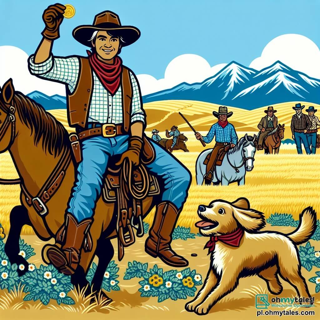 Une illustration sous forme de dessin destinée aux enfants représentant un paysage de prairie dorée sous un ciel bleu éclatant, avec un homme courageux, portant un grand chapeau de cow-boy, une chemise à carreaux et des bottes usées, qui se tient debout sur son cheval brun, Lucky, en train de brandir un petit morceau de métal brillant qu'il vient de trouver dans le sol, tandis qu'à ses côtés, un petit chien espiègle, aux poils dorés et aux grandes oreilles, saute de joie, et en arrière-plan, un groupe de cow-boys aux visages souriants, portant des chapeaux et des ceintures en cuir, se rassemblent autour d'eux, tous partageant l'excitation de la découverte d'or dans les montagnes.