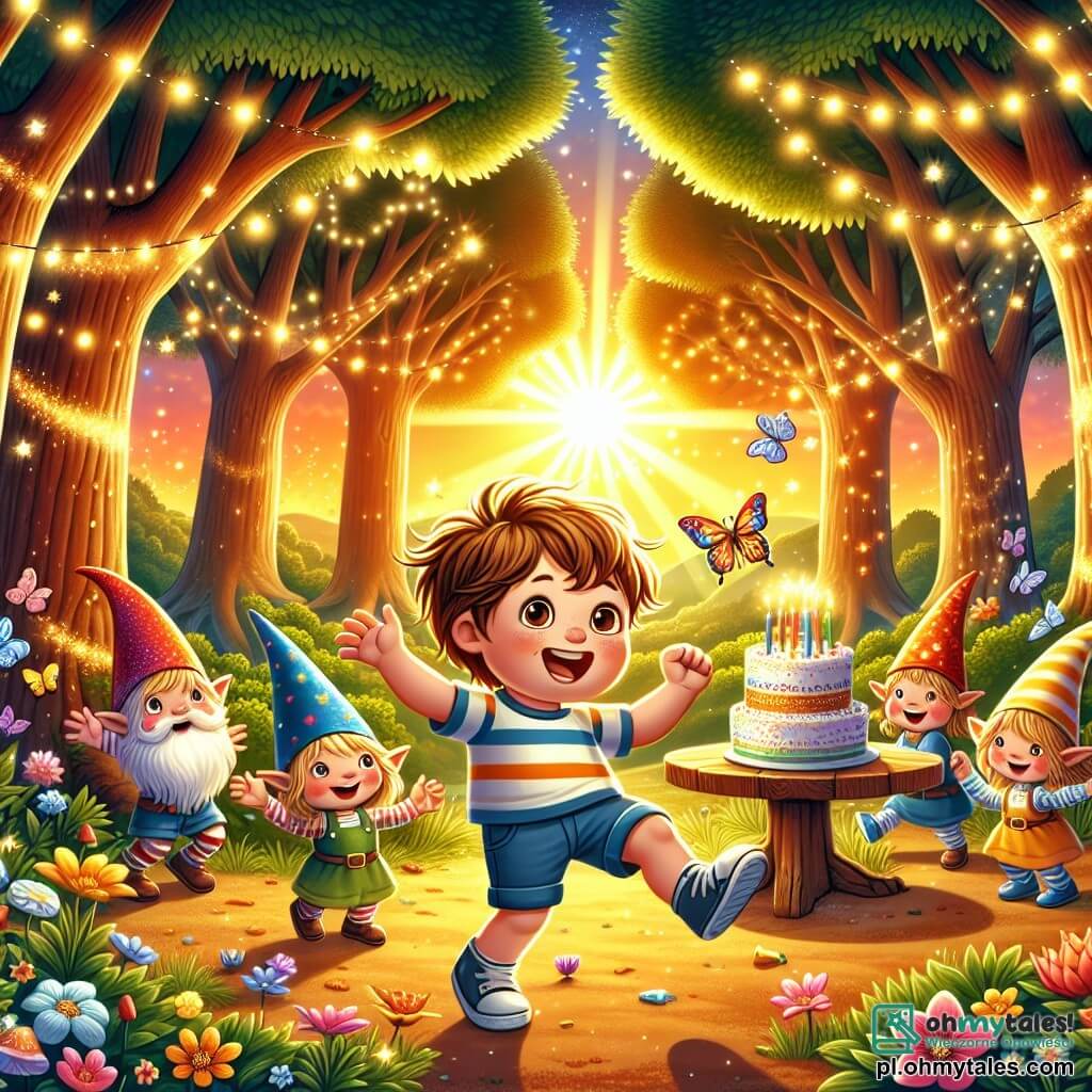 Ilustracja przedstawiająca magiczną scenę na polanie w lesie, skąpanej w złotym świetle zachodzącego słońca. Potężne drzewa otaczają scenę, ich liście błyszczą, a kolorowe kwiaty pokrywają ziemię. W centrum mały chłopiec w wieku 3 lat, z dużymi ciekawymi oczami i rozczochranymi kasztanowymi włosami, nosi w paski t-shirt i niebieskie szorty. Radosny tańczy z szerokim uśmiechem, otoczony pysznymi smakołykami na drewnianym stole. Obok niego trzej mali stwory przypominający skrzaty, każdy około 5 lat, noszą stożkowate kapelusze i kolorowe ubrania. Jeden z nich, z rudą brodą, śmieje się trzymając balon, podczas gdy inny, z blond włosami, szykuje się do rzucenia konfetti w powietrze. Główna sytuacja pokazuje chłopca i skrzaty bawiących się razem na magicznej imprezie, pełnej śmiechu i niespodzianek, z migoczącymi gwiazdami zaczynającymi pojawiać się na niebie. Dodatkowe elementy graficzne to świetlne girlandy zawieszone między drzewami, kolorowe ciasta na stole i motyle wirujące wokół nich, dodające odrobiny baśniowości do tej radosnej sceny.