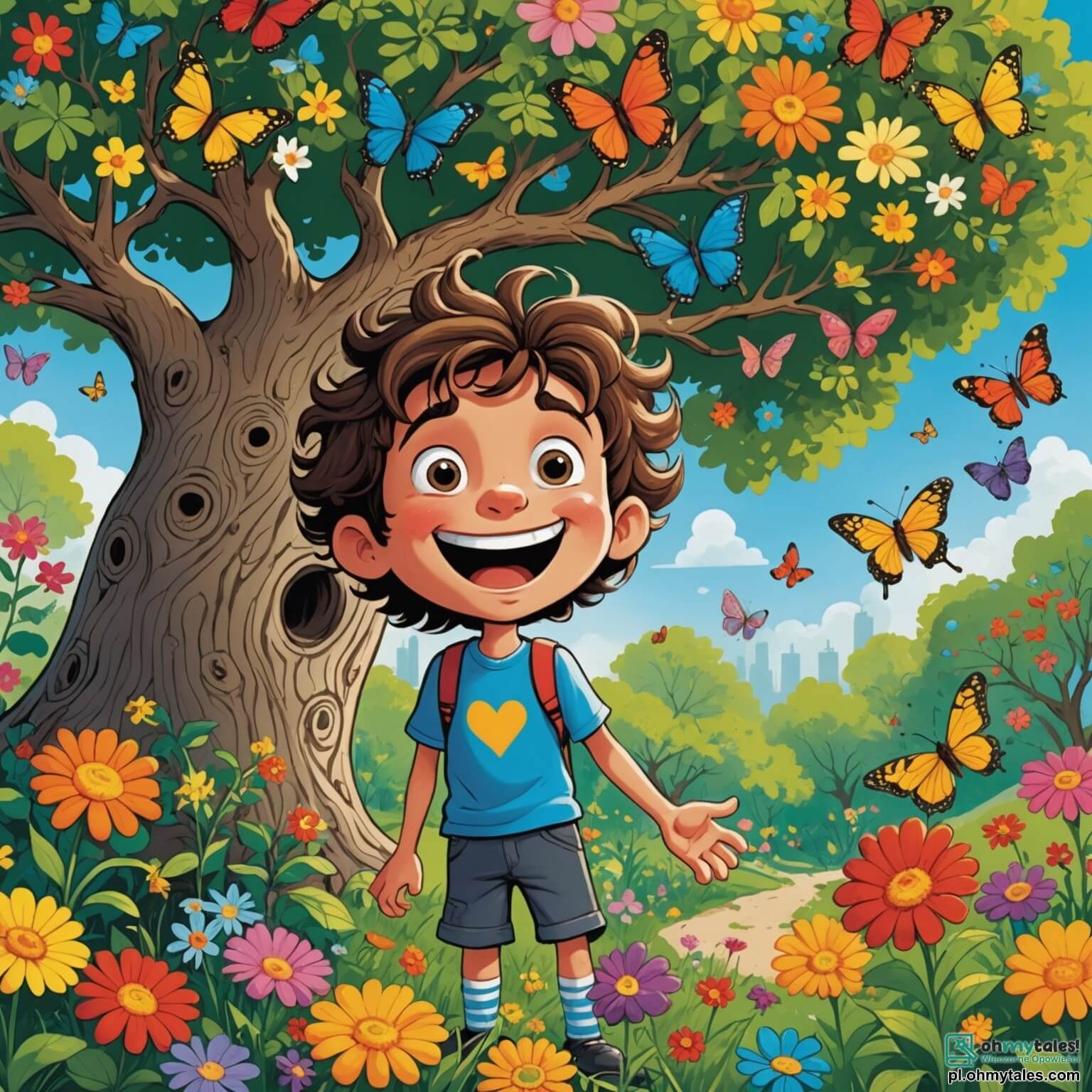 Une illustration destinée aux enfants représentant un garçon espiègle aux cheveux en bataille, toujours prêt à faire rire ses amis, qui se retrouve dans un jardin coloré rempli de fleurs éclatantes, de papillons virevoltants et d'un grand arbre noueux, où sa meilleure amie, une fille pétillante aux couettes, l'encourage à inventer des blagues hilarantes pour amuser tous leurs camarades.