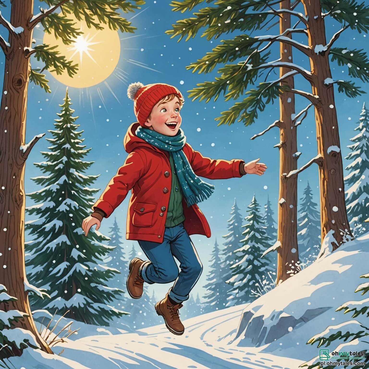 Une illustration destinée aux enfants représentant un garçon aux yeux pétillants de joie, vêtu d'un manteau rouge vif et d'une écharpe tricotée, s'élançant avec enthousiasme dans un paysage hivernal féerique où la neige scintille comme des diamants sous le soleil, entouré de grands sapins majestueux aux branches chargées de flocons blancs, tandis qu'à ses côtés, sa maman, une femme souriante aux cheveux châtains, l'encourage à construire un magnifique bonhomme de neige, et son meilleur ami, un garçon aux boucles dorées, rit aux éclats en glissant sur une luge, le tout se déroulant dans un charmant petit village paisible, où les maisons aux toits enneigés semblent tout droit sorties d'un conte de fées.