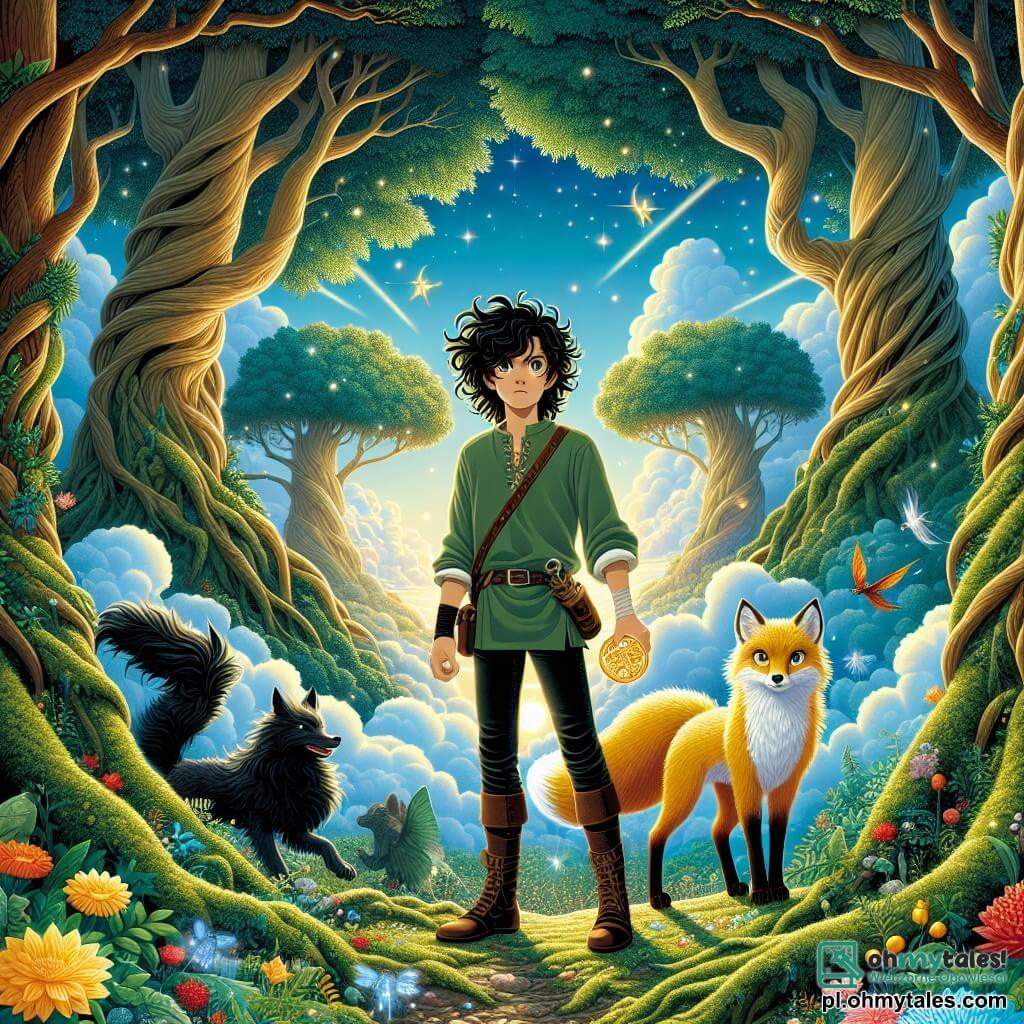 Ilustracja przedstawiająca magiczną scenę w sercu zaczarowanego lasu. Majestatyczne drzewa o grubych, krętych pniach wznoszą się ku błękitnemu niebu, usianemu puszystymi chmurami. Promienie słońca przenikają przez gęste liście, oświetlając ziemię pokrytą kolorowymi kwiatami i zielonym mchem. W centrum obrazu stoi młody mężczyzna, około 20 lat, z czarnymi, falującymi włosami, ubrany w zieloną lnianą tunikę i skórzane spodnie. Jego zdeterminowane spojrzenie skupione jest na amulecie w kształcie smoka, który trzyma w dłoni, gotowy stawić czoła swojemu przeznaczeniu. Obok niego znajduje się kitsune, magiczny lis z dziewięcioma ogonami, o błyszczących oczach i złotej sierści, uważnie obserwujący otoczenie, gotowy poprowadzić swojego przyjaciela w tej przygodzie. Główna sytuacja pokazuje młodego mężczyznę skonfrontowanego ze starym drzewem, "Drzewem Marzeń", które zdaje się szeptać sekrety. Iskrzące się promienie światła otaczają ich, symbolizując magię w powietrzu. W tle rysują się tajemnicze cienie, sugerujące obecność mitycznych stworzeń, które mogą interweniować w każdej chwili. Dodatkowe elementy graficzne obejmują luminescencyjne kwiaty, tańczące świetliki i lekki mglisty woal, który dodaje atmosfery tajemniczości tej bajkowej scenie.