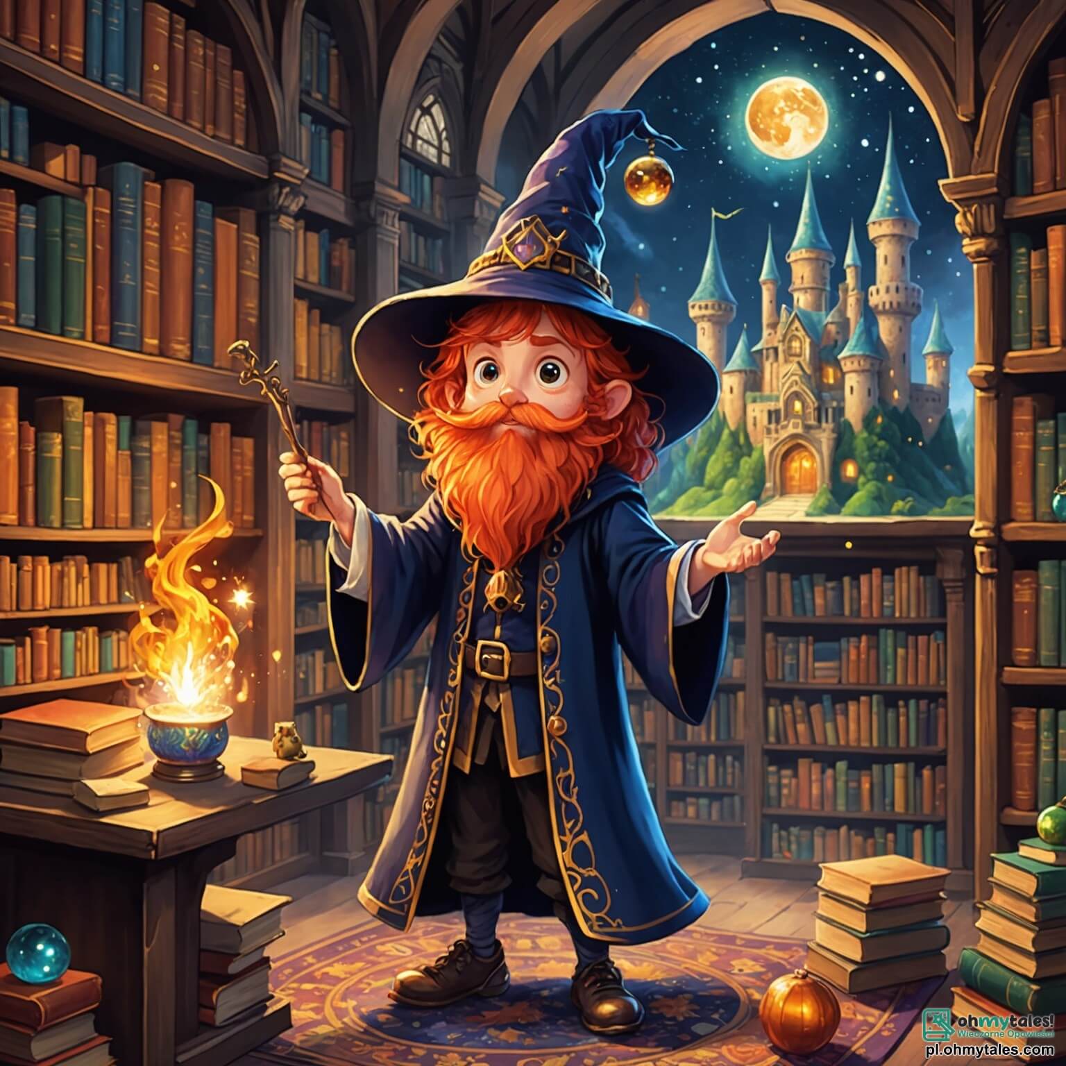Une illustration destinée aux enfants représentant un sorcier aux cheveux flamboyants et à la longue barbe scintillante, jonglant avec des potions pétillantes dans un château enchanter, où les murs sont ornés de tapisseries colorées et de chandeliers scintillants, tandis qu'une joyeuse petite chouette aux yeux ronds et malicieux l'observe, perchée sur une étagère remplie de livres anciens.