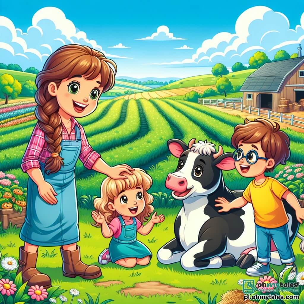 Ilustracja przedstawiająca słoneczną farmę, z zielonymi polami sięgającymi horyzontu, usianymi kolorowymi kwiatami i uporządkowanymi rzędami warzyw. W centrum uśmiechnięta kobieta w wieku około trzydziestu lat, z długimi brązowymi włosami związanymi w warkocz, w koszuli w kratę i dżinsach, głaszcze dużą czarno-białą krowę. Wokół niej troje dzieci, dwie dziewczynki i chłopiec, w wieku około 8-10 lat, patrzą z zachwytem. Dziewczynki mają kręcone blond włosy, jedna ma różową sukienkę, a druga żółtą koszulkę, podczas gdy chłopiec z brązowymi włosami i okularami nosi niebieską koszulkę i szorty. Kobieta radosne tłumaczy dzieciom, jak dbać o zwierzęta, podczas gdy krowa wydaje się szczęśliwa i spokojna. W tle widać kurnik i niebieskie niebo z białymi chmurami, co dodaje scenie spokoju.