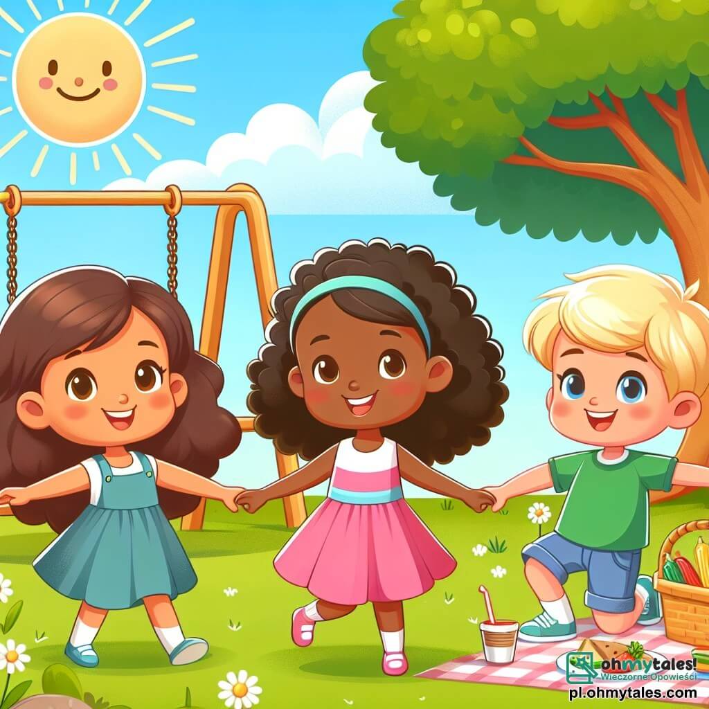 Une illustration sous forme de dessin destinée aux enfants représentant un joyeux parc ensoleillé avec des balançoires colorées et un grand arbre, au premier plan une petite fille de 5 ans aux longs cheveux bouclés, portant une robe rose, qui sourit en jouant avec une autre fille de peau foncée, vêtue d'une robe bleu clair, tandis qu'un garçon aux cheveux blonds et à la peau claire, portant une t-shirt vert, les rejoint pour un pique-nique, tous partageant des plats typiques de leurs cultures, illustrant ainsi l'amitié et la diversité.