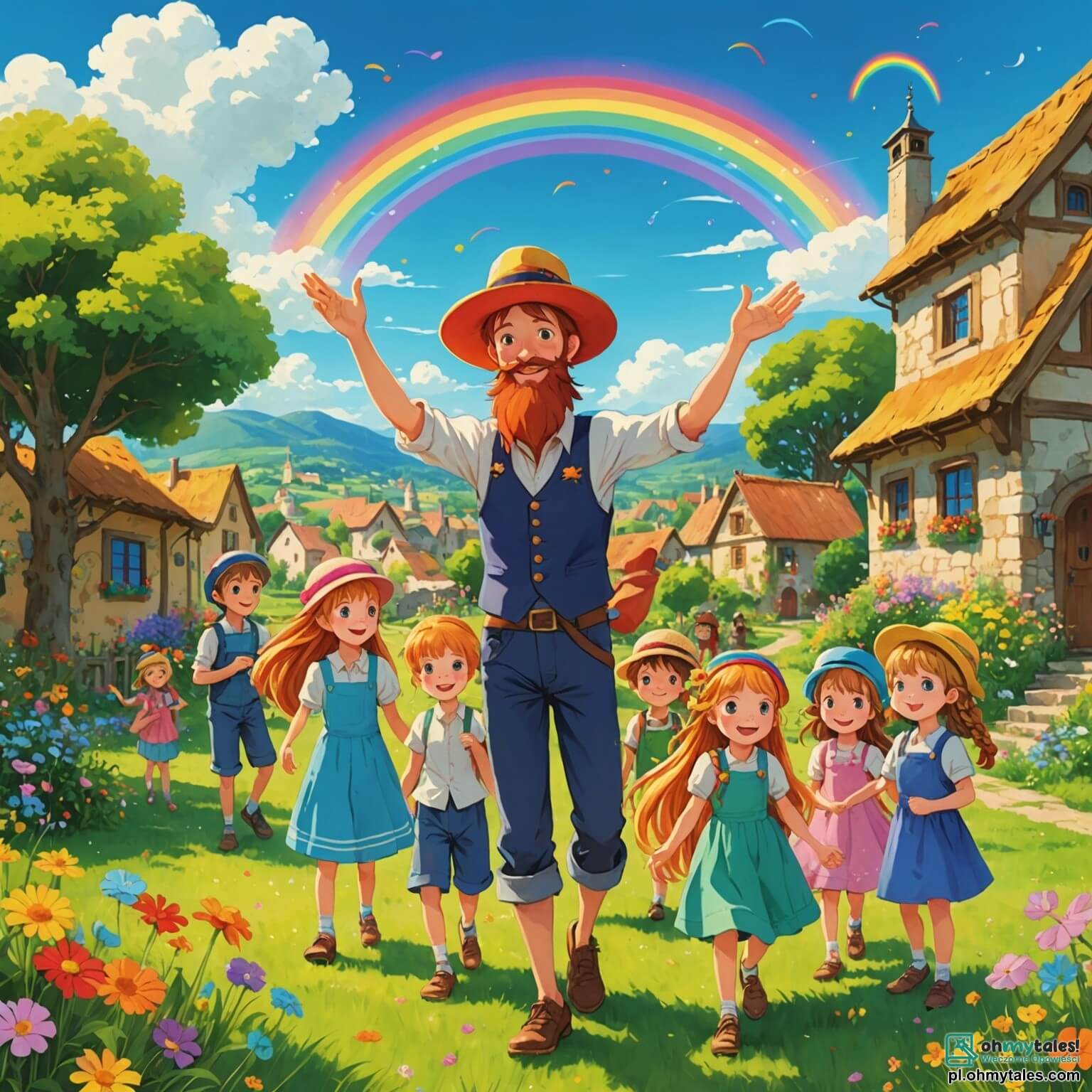 Une illustration destinée aux enfants représentant un homme à la longue barbe flamboyante, vêtu d'un chapeau coloré comme un arc-en-ciel, entouré d'un groupe d'enfants joyeux, une petite fille aux warkoczykach dorés et un garçon aux yeux pétillants, tous réunis sur une pelouse verdoyante d'un charmant petit village, où les fleurs éclatent de couleurs vives et les nuages dansent dans un ciel azur, alors qu'ils s'apprêtent à plonger dans l'univers magique de la peinture, créant des œuvres d'art qui racontent leurs rêves et leurs aventures.