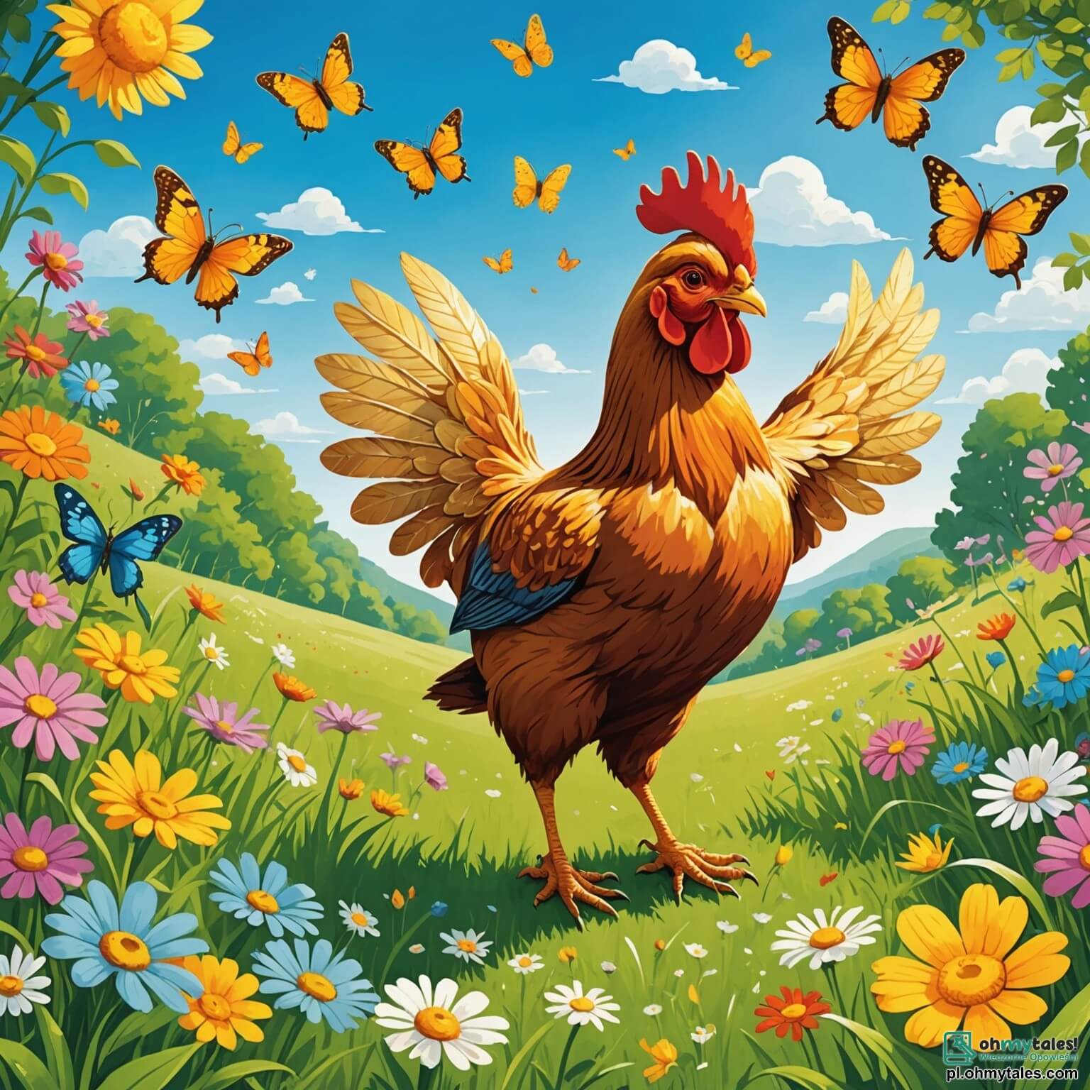 Une illustration destinée aux enfants représentant une poule espiègle aux plumes dorées, dansant joyeusement au milieu d'une prairie verdoyante parsemée de fleurs colorées et de papillons virevoltant, tandis qu'un petit lapin curieux aux grandes oreilles l'observe avec émerveillement, le tout sous un ciel bleu éclatant où le soleil brille de mille feux.