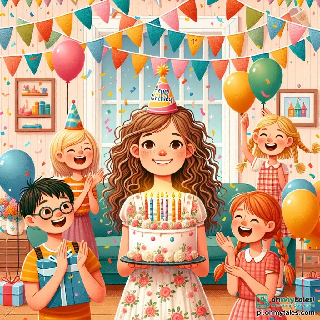 Une illustration sous forme de dessin destinée aux enfants représentant une salle de séjour colorée et festive, décorée de ballons et de guirlandes, où une fille de 11 ans, aux cheveux bruns et bouclés, portant une robe à fleurs, sourit joyeusement en tenant un gâteau d'anniversaire avec des bougies allumées, entourée de ses amis : une fille aux cheveux blonds et tressés qui applaudit avec enthousiasme, un garçon aux lunettes et aux cheveux châtains qui tient un cadeau, et une autre fille aux cheveux roux qui rit en tenant des confettis, tous célébrant ensemble dans une ambiance de joie et de magie d'anniversaire.