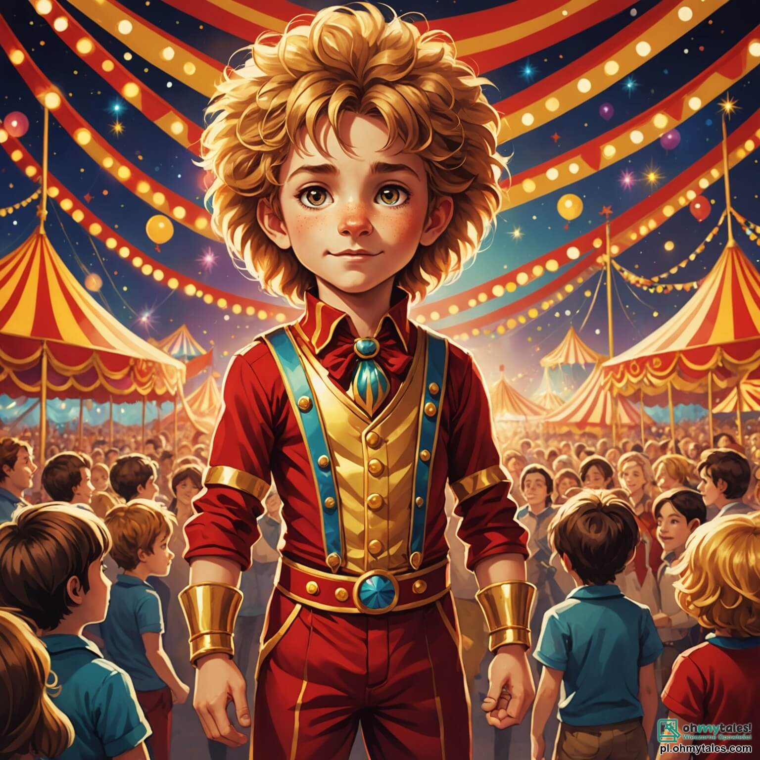 Une illustration destinée aux enfants représentant un garçon aux yeux pétillants et aux cheveux en bataille, vêtu d'un costume coloré de cyrkowiec, se tenant sur une corde tendue au-dessus d'une foule émerveillée dans un cirque flamboyant, où des lumières scintillantes illuminent des chapiteaux rayés de rouge et de jaune, tandis qu'un lion majestueux, personnage secondaire au pelage doré, observe avec curiosité depuis sa cage dorée, le tout baigné dans une ambiance de magie et de rires.