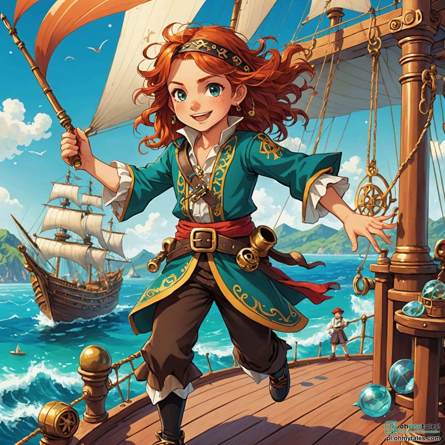 Une illustration destinée aux enfants représentant une intrépide pirate aux cheveux flamboyants, vêtue d'une tunique colorée ornée de broderies dorées, naviguant avec bravoure sur les flots scintillants d'un océan turquoise, à bord de son vaisseau à la voile blanche, tandis qu'elle tient fermement une vieille carte au trésor, entourée de ses fidèles amis : une jeune fille à la chevelure brune et aux yeux pétillants, qui danse avec joie sur le pont, et un garçon timide aux cheveux blonds, scrutant l'horizon avec une expression d'inquiétude, le tout se déroulant sous un ciel azur parsemé de nuages cotonneux, avec des mouettes planant au-dessus et des palmiers se balançant doucement sur une île mystérieuse à la plage dorée, où l'aventure et le mystère se mêlent à l'esprit d'équipe et à l'amitié.