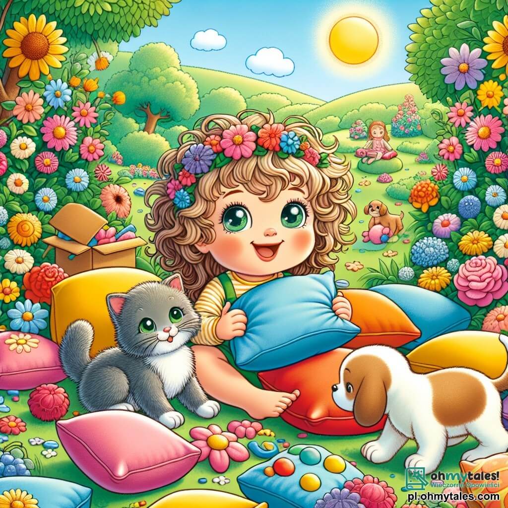 Une illustration sous forme de dessin destinée aux enfants représentant un jardin ensoleillé avec des fleurs colorées et des arbres verdoyants, où une petite fille de 1 an aux cheveux bouclés et aux yeux pétillants, souriante, est assise au milieu de coussins colorés, en train de construire un grand château de coussins, tandis qu'un petit chat gris aux yeux verts joue joyeusement à ses côtés et un chiot marron aux grandes oreilles l'aide en apportant d'autres coussins, illustrant ainsi la magie de l'amitié et la joie de créer ensemble.