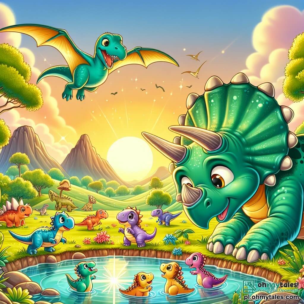 Une illustration sous forme de dessin destinée aux enfants représentant une vaste vallée verdoyante de la Crainte des Dinosaures, où un jeune tricératops aux écailles vertes et aux trois majestueux cornes se penche avec curiosité vers un groupe de petits dinosaures colorés jouant joyeusement autour d'un étang scintillant, tandis qu'un pterodactyle aux ailes brillantes survole la scène, le tout baigné par la lumière dorée du soleil couchant, évoquant une atmosphère d'amitié et d'aventure.