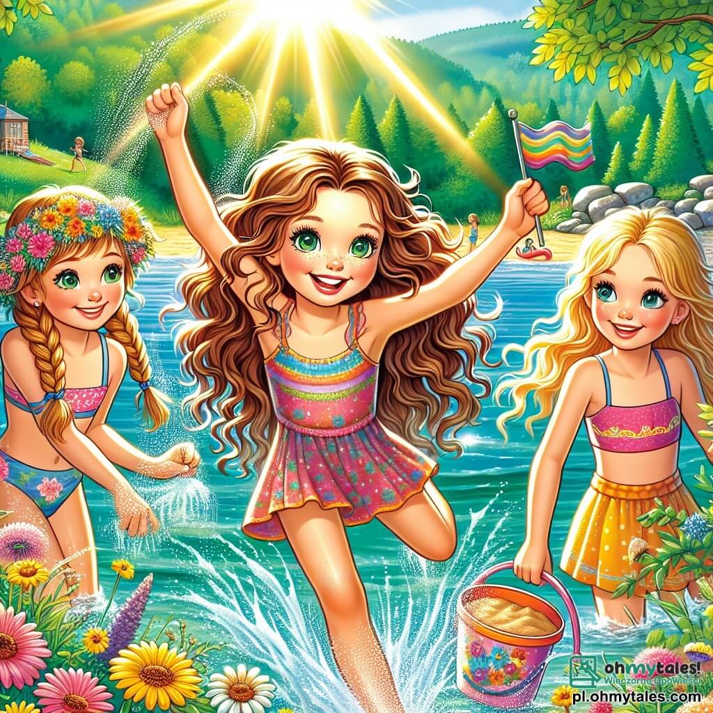 Une illustration sous forme de dessin destinée aux enfants représentant une scène ensoleillée au bord d'un lac scintillant, où une fille de 9 ans aux longs cheveux bouclés et aux yeux verts pétillants, souriante et pleine d'énergie, s'apprête à plonger dans l'eau, entourée de ses deux amies : une fille aux cheveux blonds tressés qui tient un seau de sable et une autre fille aux cheveux bruns qui agite un petit drapeau coloré, symbolisant leur joyeuse aventure estivale de baignade et de jeux au bord de l'eau, avec des fleurs sauvages et des arbres verdoyants en arrière-plan.