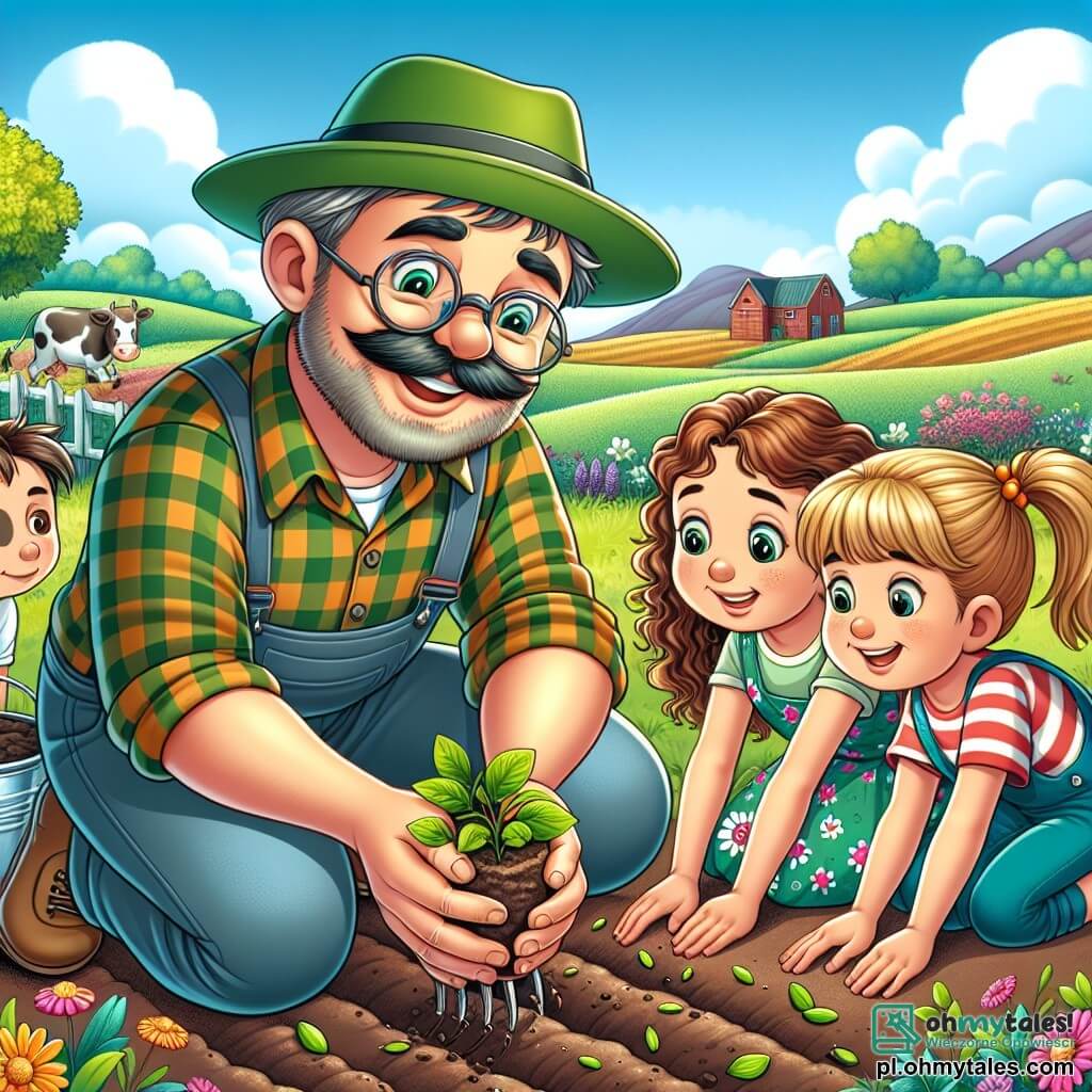 Ilustracja przedstawiająca słoneczną farmę, otoczoną zielonymi polami i kolorowymi kwiatami. Na pierwszym planie uśmiechnięty mężczyzna w wieku około pięćdziesięciu lat, noszący zieloną czapkę i koszulę w kratę, klęczy w ziemi, starannie sadząc nasiona. Jego ręce są brudne, a twarz promienieje radością i pasją do pracy. Obok niego grupa trzech dzieci, dwóch dziewczynek i chłopca, w wieku około 8-10 lat, obserwuje z zachwytem. Pierwsza dziewczynka, z brązowymi, kręconymi włosami, ma na sobie sukienkę w kwiaty i trzyma małą łopatkę. Druga dziewczynka z blond warkoczami ma promienny uśmiech i wiaderko w ręku. Chłopiec w okularach i w paskowanej koszulce uważnie przygląda się, co robi mężczyzna. Główna scena pokazuje mężczyznę uczącego dzieci, jak sadzić nasiona, ilustrując przekazywanie wiedzy i miłość do natury. W tle widać zwierzęta gospodarskie, takie jak krowy i kury, co dodaje życiu ilustracji. Niebo jest niebieskie i słoneczne, tworząc radosną i przyjazną atmosferę.