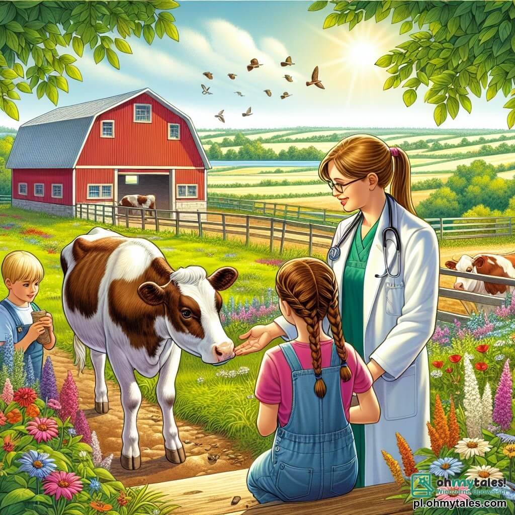 Ilustracja przedstawiająca słoneczną farmę, z rozległymi zielonymi polami i czerwoną stodołą w tle. Kolorowe kwiaty zdobią ścieżkę prowadzącą do obory, gdzie znajduje się krowa o brązowo-białym futrze, spokojnie w swoim zagrodzie. Na pierwszym planie weterynarz, trzydziestolatka z brązowymi włosami związanymi w kucyk, nosi białą fartuch i stetoskop na szyi. Klęczy z ciepłym uśmiechem, starannie badając krowę, jej delikatne ręce spoczywają na boku zwierzęcia. Obok niej dwoje dzieci, chłopiec w wieku około 8 lat z blond włosami i dziewczynka w wieku 6 lat z brązowymi warkoczami, z ciekawością obserwują. Chłopiec trzyma małą garść karmy dla zwierząt, podczas gdy dziewczynka uważnie przygląda się weterynarz, jej oczy błyszczą podziwem. Scena emanuje atmosferą dobroci i nauki, ilustrując moment, w którym weterynarz tłumaczy dzieciom znaczenie opieki nad zwierzętami. Ptaki latają po niebieskim niebie, a radosny pies stoi obok nich, dodając życia temu pięknemu dniu na farmie.