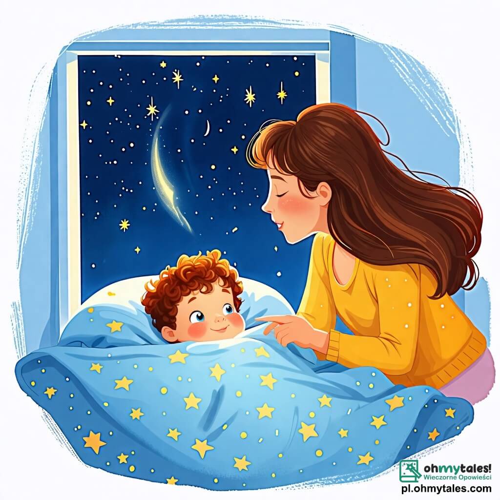 Une illustration sous forme de dessin destinée aux enfants représentant une chambre chaleureuse et douillette, avec des murs peints en bleu pastel, où un petit garçon de 2 ans aux cheveux bouclés et aux yeux brillants, blotti sous une couverture étoilée, regarde avec curiosité par la fenêtre, tandis que sa maman, une femme douce aux cheveux longs et bruns, lui montre les étoiles scintillantes dans le ciel nocturne, illustrant la magie de la nuit et la beauté qui peut apaiser la peur du noir.