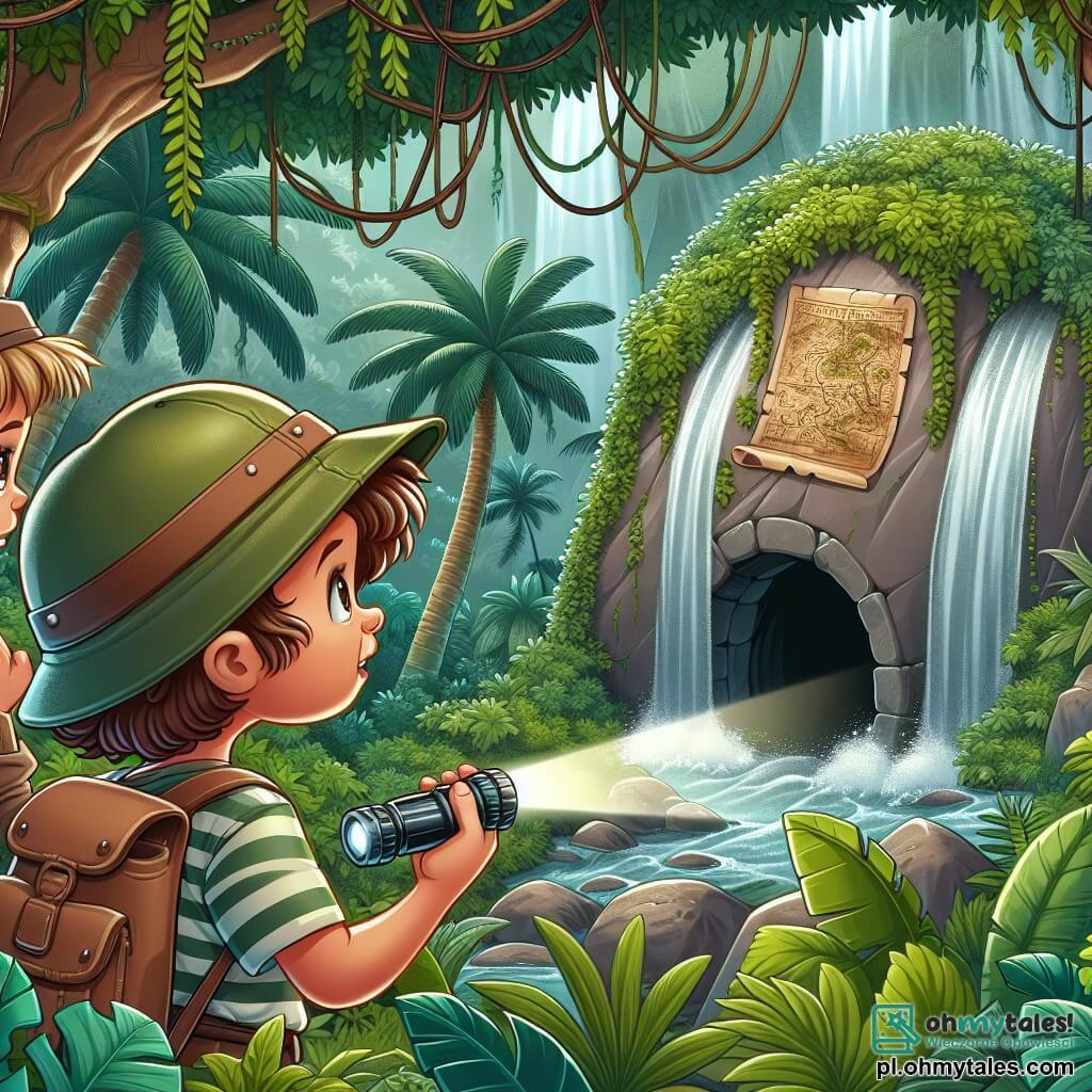 Une illustration sous forme de dessin destinée aux enfants représentant une jungle luxuriante avec des palmiers et un grand rocher recouvert de lianes, où une jeune fille aux cheveux bruns et bouclés, portant un chapeau d'explorateur et un sac à dos, observe avec émerveillement une ancienne carte au trésor, tandis qu'à ses côtés, un garçon aux cheveux blonds et courts, vêtu d'un t-shirt rayé et de shorts, tient une lampe de poche et regarde autour d'eux avec curiosité, alors qu'ils se préparent à découvrir un mystérieux tunnel derrière un majestueux cascade.