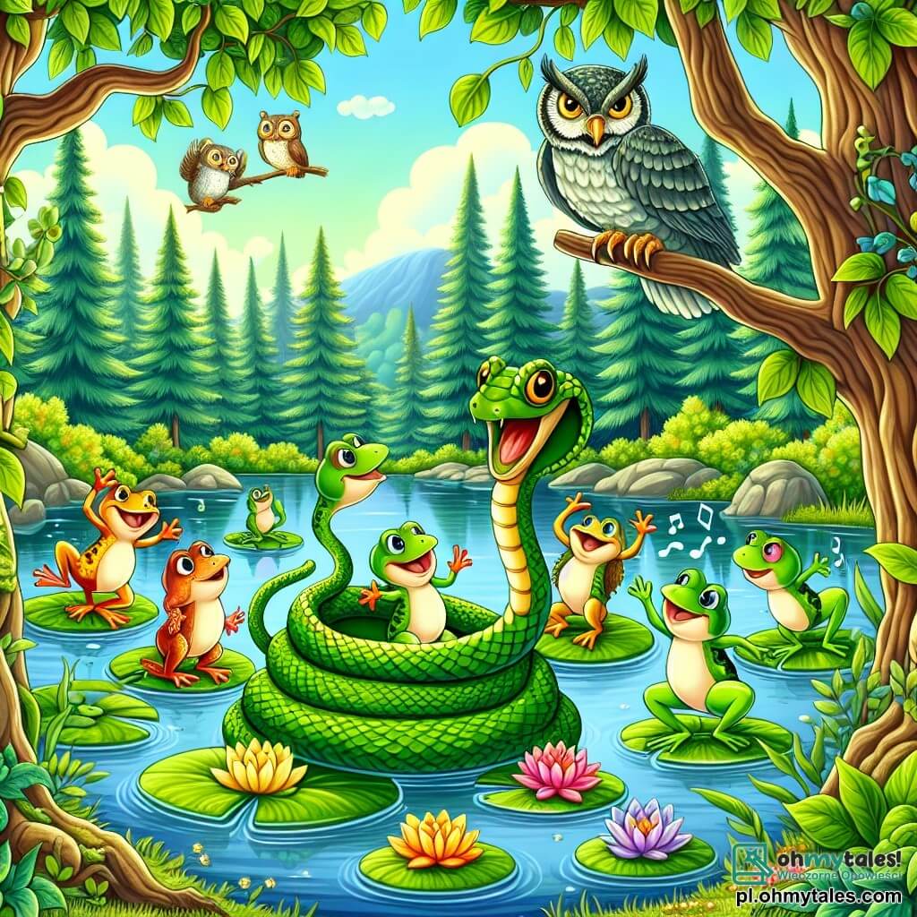 Une illustration sous forme de dessin destinée aux enfants représentant un magnifique lac entouré de grands arbres aux feuilles verdoyantes, où un serpent aux écailles vertes brillantes se faufile joyeusement parmi des grenouilles colorées qui dansent et chantent sur les nénuphars, tandis qu'un sage hibou perché sur une branche observe la scène avec un regard bienveillant, capturant l'instant magique d'une fête animalière pleine de rires et de camaraderie.