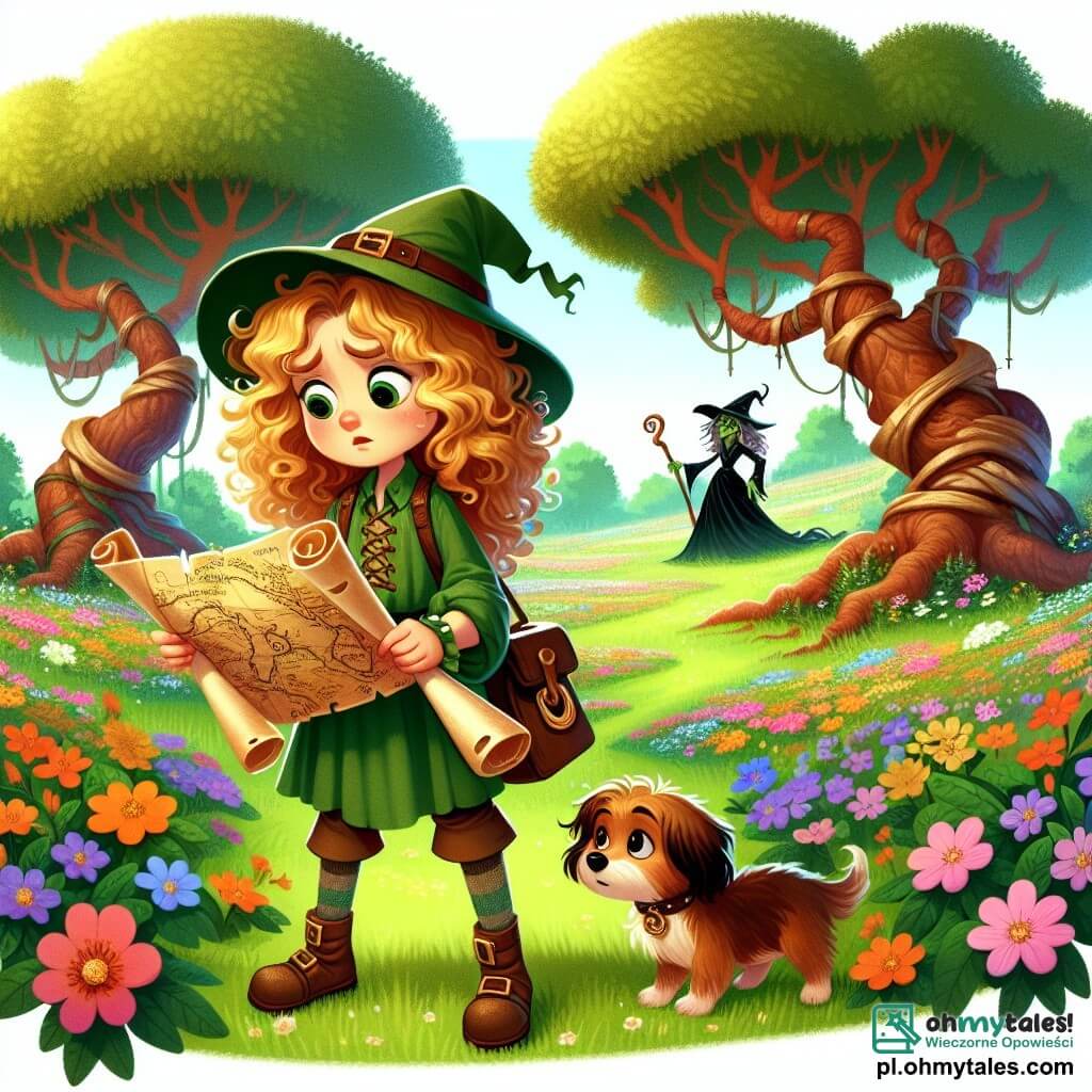 Une illustration sous forme de dessin destinée aux enfants représentant une vaste clairière enchantée, remplie de fleurs colorées et de grands arbres aux troncs tordus, où une jeune fille aux cheveux bouclés et dorés, vêtue d'une tunique verte et d'un chapeau d'explorateur, tient une ancienne carte dans ses mains, tandis qu'à ses côtés, un petit chien aux poils bruns et aux yeux pétillants l'observe avec curiosité, alors qu'ils font face à une joute magique avec une sorcière maléfique aux cheveux noirs et ondulés, qui les menace avec un éclat de lumière, symbolisant leur quête pour sauver la Krainę Cudów.
