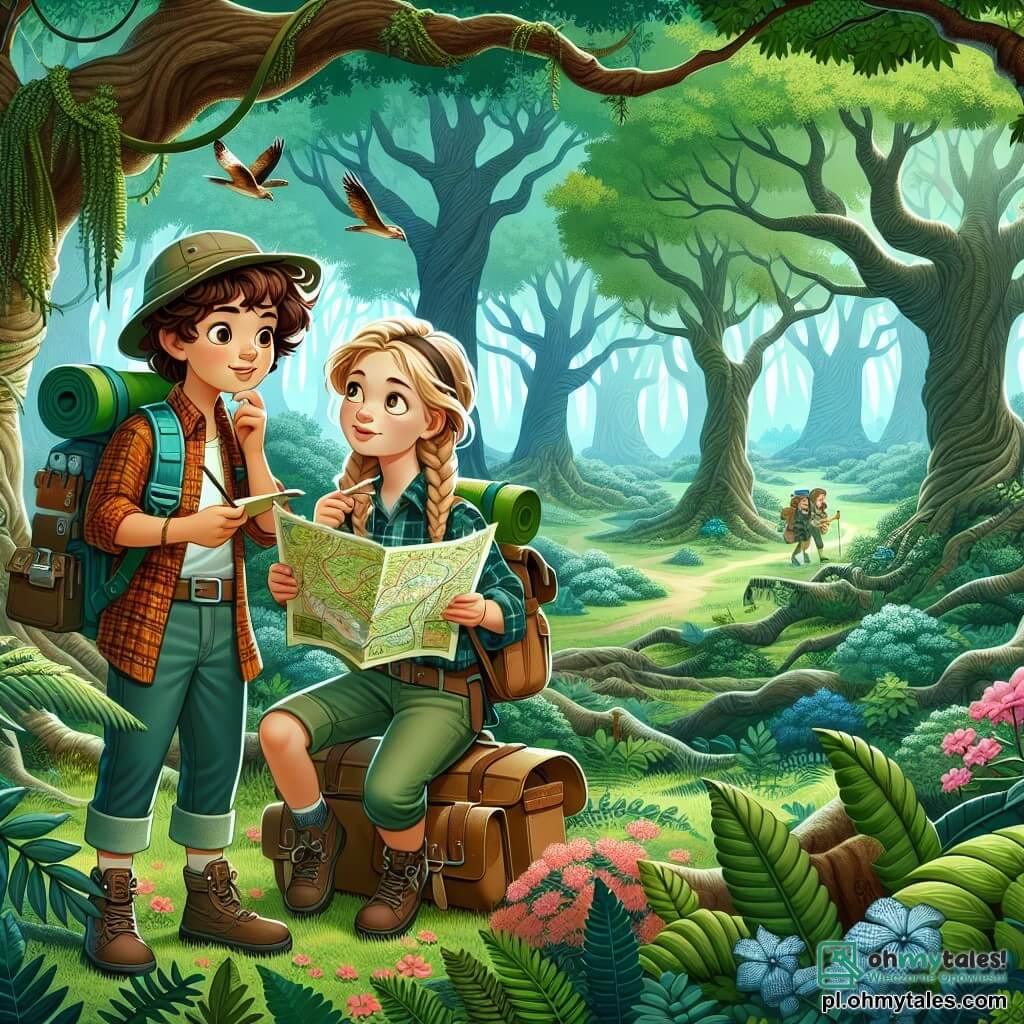 Une illustration sous forme de dessin destinée aux enfants représentant une vaste forêt enchantée, avec des arbres majestueux aux feuilles vertes éclatantes et des fleurs colorées éparpillées sur le sol, où une jeune exploratrice aux cheveux bruns et bouclés, vêtue d'une chemise à carreaux et d'un pantalon de randonnée, examine avec émerveillement une vieille carte, tandis qu'à ses côtés, sa meilleure amie aux cheveux blonds et tressés, portant un sac à dos rempli de fournitures, prend des notes sur un carnet, le tout dans une atmosphère d'excitation et de découverte, alors qu'elles se préparent à percer les mystères d'une terre inconnue.