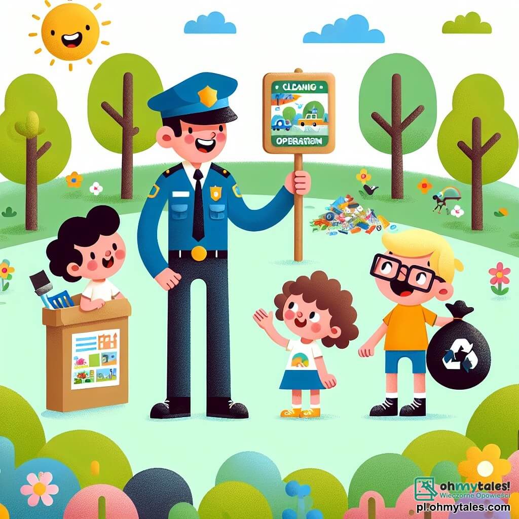 Une illustration sous forme de dessin destinée aux enfants représentant un parc ensoleillé avec des arbres verdoyants et des fleurs colorées, où un policier grand et souriant, portant un uniforme bleu et un chapeau, discute avec une petite fille aux cheveux bruns et bouclés, qui tient un panneau coloré pour une action de nettoyage, tandis qu'un garçon aux lunettes et aux cheveux blonds, enthousiaste, montre un sac rempli de déchets qu'il vient de ramasser, illustrant leur mission de nettoyage et de sensibilisation à l'environnement.