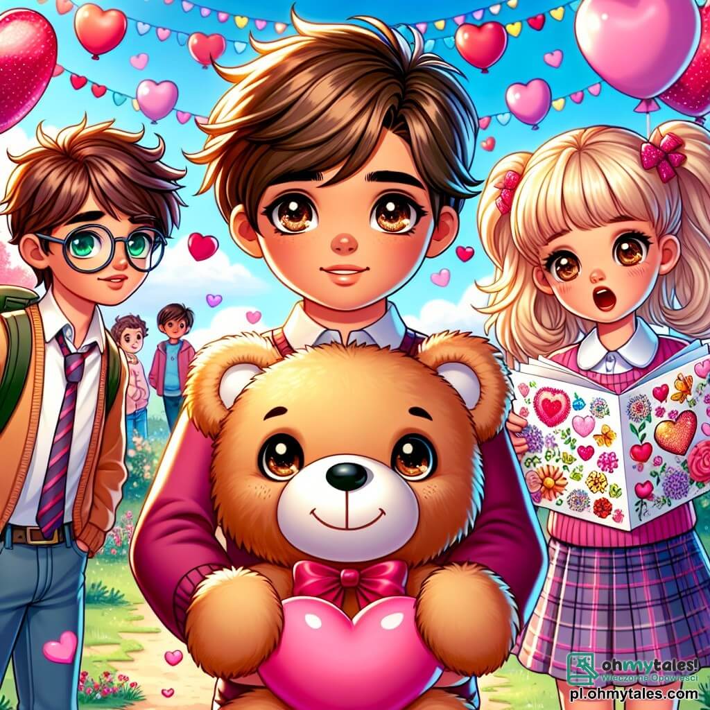 Une illustration sous forme de dessin destinée aux enfants représentant un parc ensoleillé décoré de cœurs et de ballons pour la Saint-Valentin, où un garçon de 11 ans aux cheveux bruns et aux yeux pétillants, souriant et tenant un grand ours en peluche rose, se tient devant sa meilleure amie, une fille aux cheveux blonds et aux couettes, qui lit avec émerveillement une carte colorée ornée de motifs de fleurs et de papillons, tandis qu'à côté d'eux, un autre garçon aux lunettes et aux cheveux châtains les observe avec un sourire complice, créant une atmosphère joyeuse et amicale pleine de surprises et de tendresse.