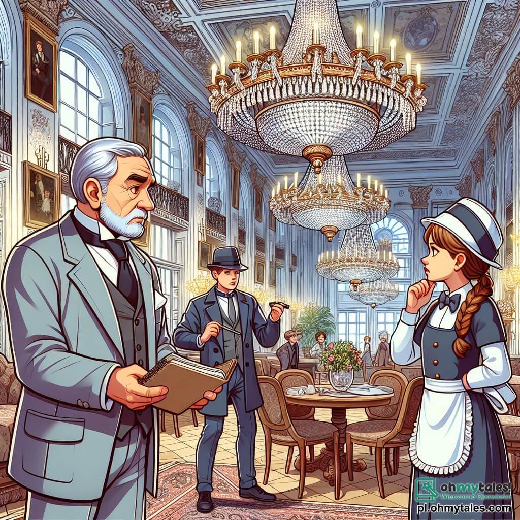 Une illustration sous forme de dessin destinée aux enfants représentant l'élégant hall d'un hôtel ancien, avec de grands lustres scintillants et des murs ornés de tableaux, où un homme détective aux cheveux grisonnants, vêtu d'un trench-coat et tenant un carnet, interroge une jeune femme aux longs cheveux bruns, habillée en serveuse, qui semble nerveuse, tandis qu'un homme en costume, visiblement inquiet, se tient en retrait, observant la scène, alors qu'ils discutent d'une mystérieuse disparition d'un précieux tableau.
