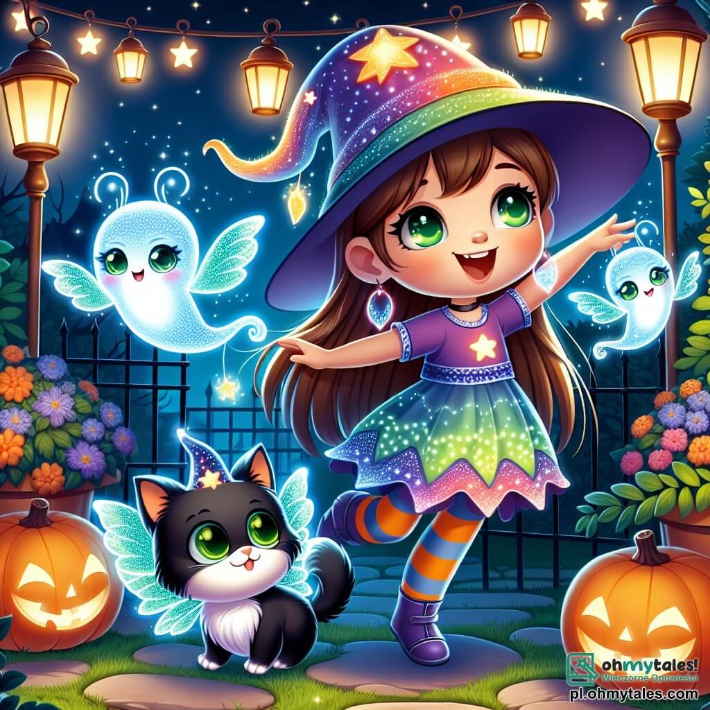 Une illustration sous forme de dessin destinée aux enfants représentant un jardin magique illuminé par des lanternes scintillantes, où une fille de 11 ans aux longs cheveux bruns et aux yeux verts, portant un costume de sorcière coloré, danse joyeusement avec des petits dusks translucides aux ailes brillantes, tandis qu'un petit chat noir aux yeux émeraude les observe curieusement, le tout dans une ambiance festive d'Halloween, avec des citrouilles souriantes et des étoiles scintillantes dans le ciel nocturne.