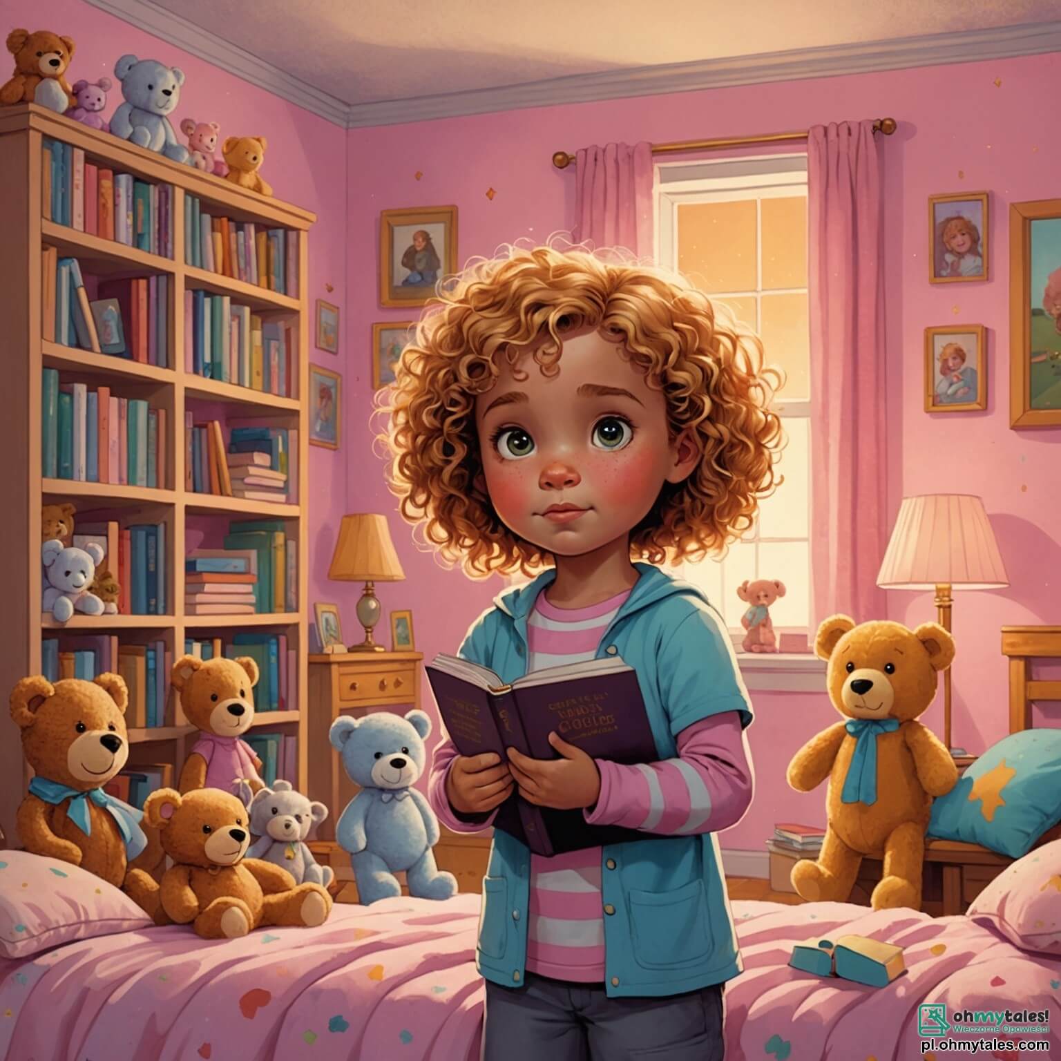 Une illustration destinée aux enfants représentant une petite fille aux cheveux bouclés et dorés, aux yeux pétillants de curiosité, qui se tient dans sa chambre douillette aux murs peints en rose pastel, remplie de peluches colorées et de livres aux couvertures brillantes, tandis qu'elle fait face à l'obscurité menaçante qui envahit la pièce lorsque la nuit tombe, entourée de l'ombre de son fidèle ours en peluche, un compagnon doux et réconfortant, et de sa maman, une femme chaleureuse aux bras protecteurs, qui lui murmure des mots apaisants pour chasser ses peurs, alors qu'à l'extérieur, le jardin est baigné par la lumière argentée de la lune, illuminant les fleurs endormies et les arbres majestueux dont les branches dansent doucement dans le vent nocturne.