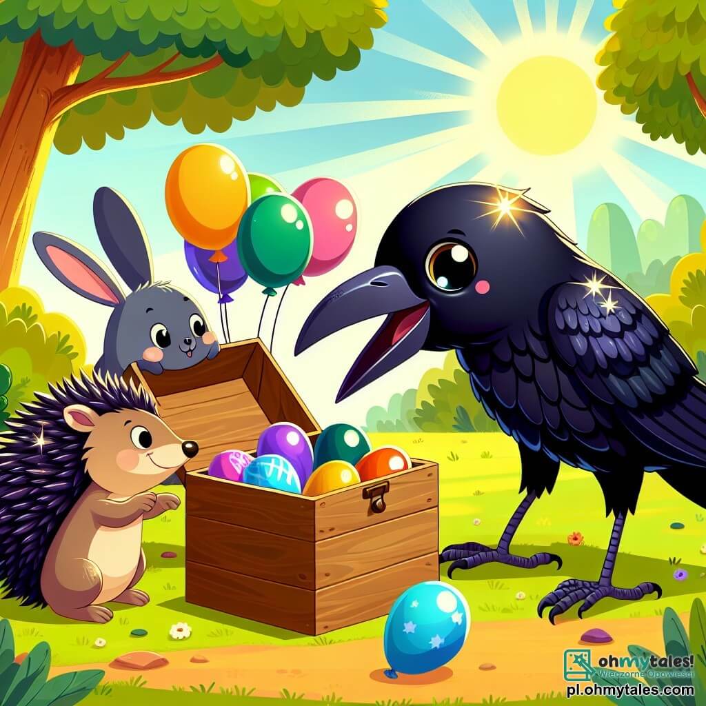 Une illustration sous forme de dessin destinée aux enfants représentant une clairière ensoleillée dans une forêt verdoyante, où un corbeau aux plumes noires brillantes et aux yeux pétillants, en train d'ouvrir une petite boîte en bois avec enthousiasme, est entouré d'un joyeux lapin aux grandes oreilles et d'un hérisson aux piquants scintillants, tous deux observant avec curiosité le contenu coloré de la boîte, qui révèle des ballons éclatants, symbolisant l'amitié et la joie partagée.