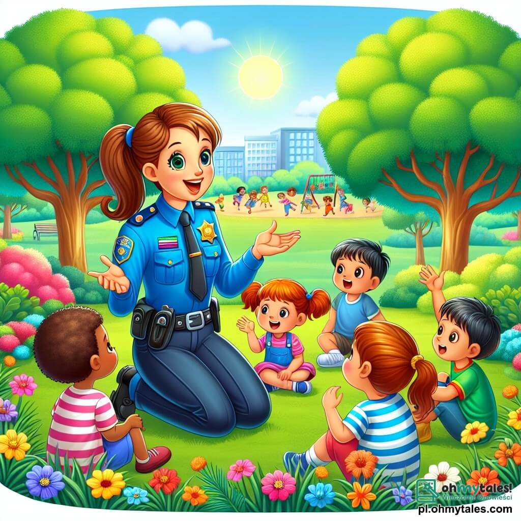 Ilustracja przedstawiająca słoneczny park, wypełniony bujną zielenią i kolorowymi kwiatami. W centrum znajduje się duża zielona trawa, na której bawią się i śmieją dzieci, otoczona drzewami o żywych liściach. Główną postacią jest policjantka w jaskrawo niebieskim mundurze z błyszczącymi guzikami. Ma brązowe włosy związane w koński ogon i ciepły uśmiech na twarzy. Przykucnęła, pokazując dzieciom tablicę bezpieczeństwa, z przyjazną i zachęcającą postawą. Wśród postaci drugoplanowych jest mały chłopiec w wieku około 7 lat, z rozczochranymi blond włosami i błyszczącymi oczami ciekawości, który uważnie słucha. Obok niego stoi mała dziewczynka w wieku 6 lat, z brązowymi warkoczami i różową sukienką, podnosząca rękę, aby zadać pytanie, z entuzjastycznym wyrazem twarzy. Główna sytuacja pokazuje, jak policjantka wyjaśnia dzieciom znaczenie zasad bezpieczeństwa, podczas gdy siedzą w kręgu wokół niej, zafascynowane jej słowami. Kolorowe balony unoszą się w powietrzu, dodając festywnego akcentu radosnej atmosferze parku.