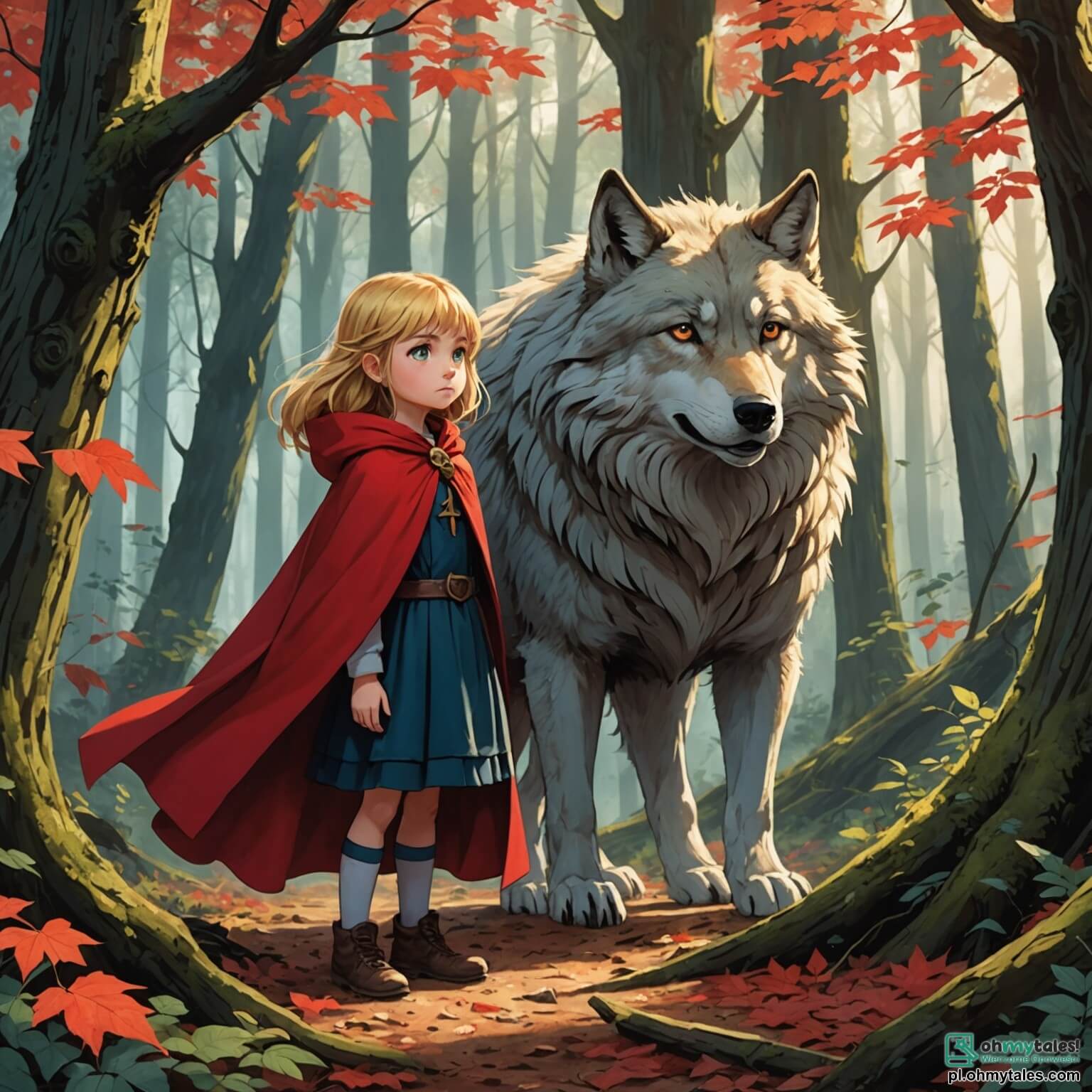 Une illustration destinée aux enfants représentant une petite fille aux cheveux dorés, vêtue d'une cape rouge éclatante, se tenant courageusement au milieu d'une forêt dense et mystérieuse, où les arbres majestueux aux troncs noueux et aux feuilles bruissantes créent une atmosphère à la fois magique et inquiétante, tandis qu'un grand méchant loup aux yeux perçants et au pelage grisâtre, se faufile entre les ombres, prêt à semer la peur, mais la fillette, pleine de détermination, est entourée de ses amis, des petits animaux de la forêt, tels qu'une malicieuse écureuil femelle aux yeux pétillants et un sage hibou mâle perché sur une branche, tous unis pour surmonter les dangers qui les guettent dans cet endroit enchanteur mais menaçant.