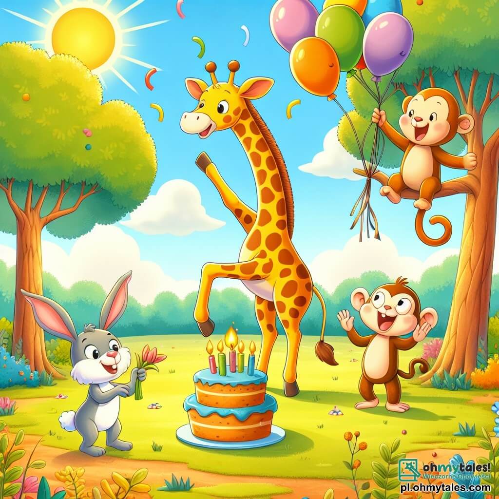 Une illustration sous forme de dessin destinée aux enfants représentant une clairière ensoleillée dans une forêt colorée, où une girafe aux longues pattes et au cou élancé danse joyeusement, entourée de ses amis animaux : un petit lapin aux grandes oreilles qui applaudit avec enthousiasme et une małpka espiègle suspendue à une branche, riant aux éclats, alors qu'ils célèbrent ensemble une fête pleine de rires et de jeux, avec des ballons colorés flottant dans l'air et un grand gâteau de carottes décoré au centre de la scène.