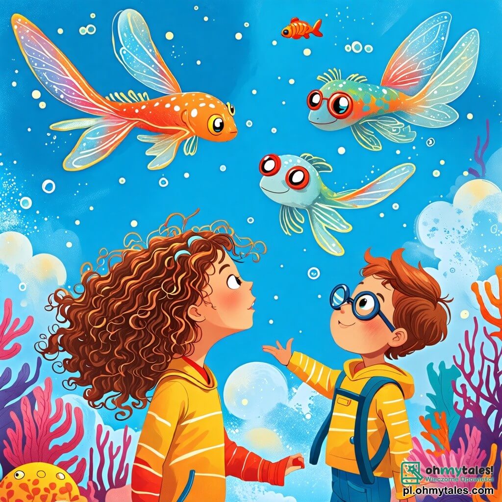 Une illustration sous forme de dessin destinée aux enfants représentant une scène vibrante sur la Niebieska Planeta, avec une jeune fille aux cheveux châtains et bouclés, portant une combinaison spatiale colorée, en train de communiquer avec des créatures marines volantes aux écailles scintillantes et aux ailes translucides, tandis qu'un garçon aux lunettes rondes et à l'air curieux observe avec émerveillement, le tout sous un ciel bleu éclatant parsemé de nuages colorés, illustrant leur découverte d'une nouvelle culture extraterrestre et l'émerveillement de l'exploration spatiale.
