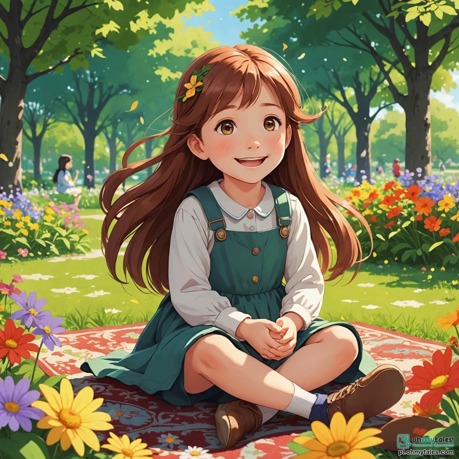 Une illustration destinée aux enfants représentant une petite fille au sourire éclatant, avec de longs cheveux châtains flottant au vent, assise sur un tapis de verdure parsemé de fleurs colorées dans un parc ensoleillé, où les rires des enfants résonnent autour d'elle, tandis qu'elle regarde avec un mélange d'espoir et de tristesse sa maman, une femme douce aux yeux pétillants, qui lui explique avec tendresse la nouvelle réalité de leur vie après la séparation d'avec son papa, un homme au regard chaleureux mais distant, qui vient parfois les voir, créant ainsi un tableau émouvant de transition et d'amour familial au cœur d'un monde d'enfance vibrant de couleurs et de promesses.