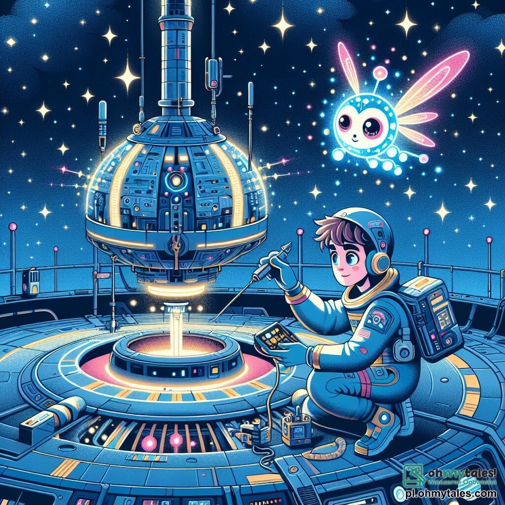 Une illustration sous forme de dessin destinée aux enfants représentant une station spatiale futuriste flottant dans un océan d'étoiles scintillantes, avec un homme jeune aux cheveux bruns et aux yeux pétillants, vêtu d'une combinaison spatiale bleue, en train de réparer une antenne géante tout en discutant avec une petite créature lumineuse ressemblant à un mélange de motile et de robot, qui vole autour de lui en émettant des couleurs vives, alors qu'ils tentent de résoudre une panne de communication dans l'immensité du cosmos.