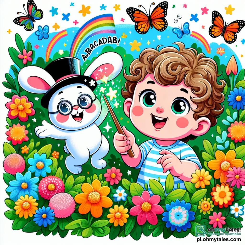Une illustration sous forme de dessin destinée aux enfants représentant un jardin coloré rempli de fleurs éclatantes et de papillons virevoltants, où un petit garçon de 1 an aux cheveux bouclés et aux yeux pétillants, tenant une petite baguette magique en bois, s'exclame joyeusement « Abrakadabra ! », tandis qu'un petit lapin blanc en lunettes rondes et en chapeau haut de forme, sortant d'un buisson, sourit et applaudit, créant une scène de magie et de rires dans une ambiance légère et fantastique.