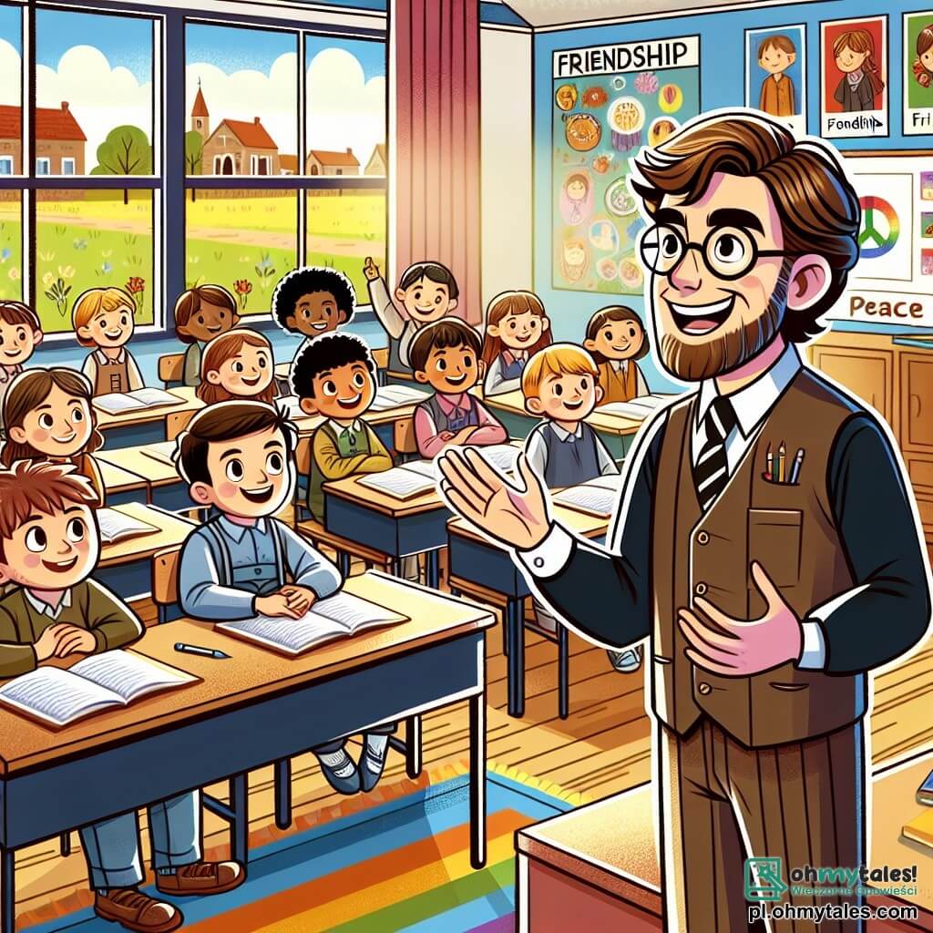Une illustration sous forme de dessin destinée aux enfants représentant une salle de classe colorée dans une petite école de village, où un homme au sourire chaleureux, avec des cheveux bruns et des lunettes, se tient devant un tableau, expliquant avec passion l'importance de la paix, tandis que des enfants de différents âges, garçons et filles aux cheveux blonds, bruns et noirs, écoutent attentivement, certains levant la main pour poser des questions, et d'autres échangeant des regards curieux, entourés de posters colorés sur l'amitié et la résolution de conflits.