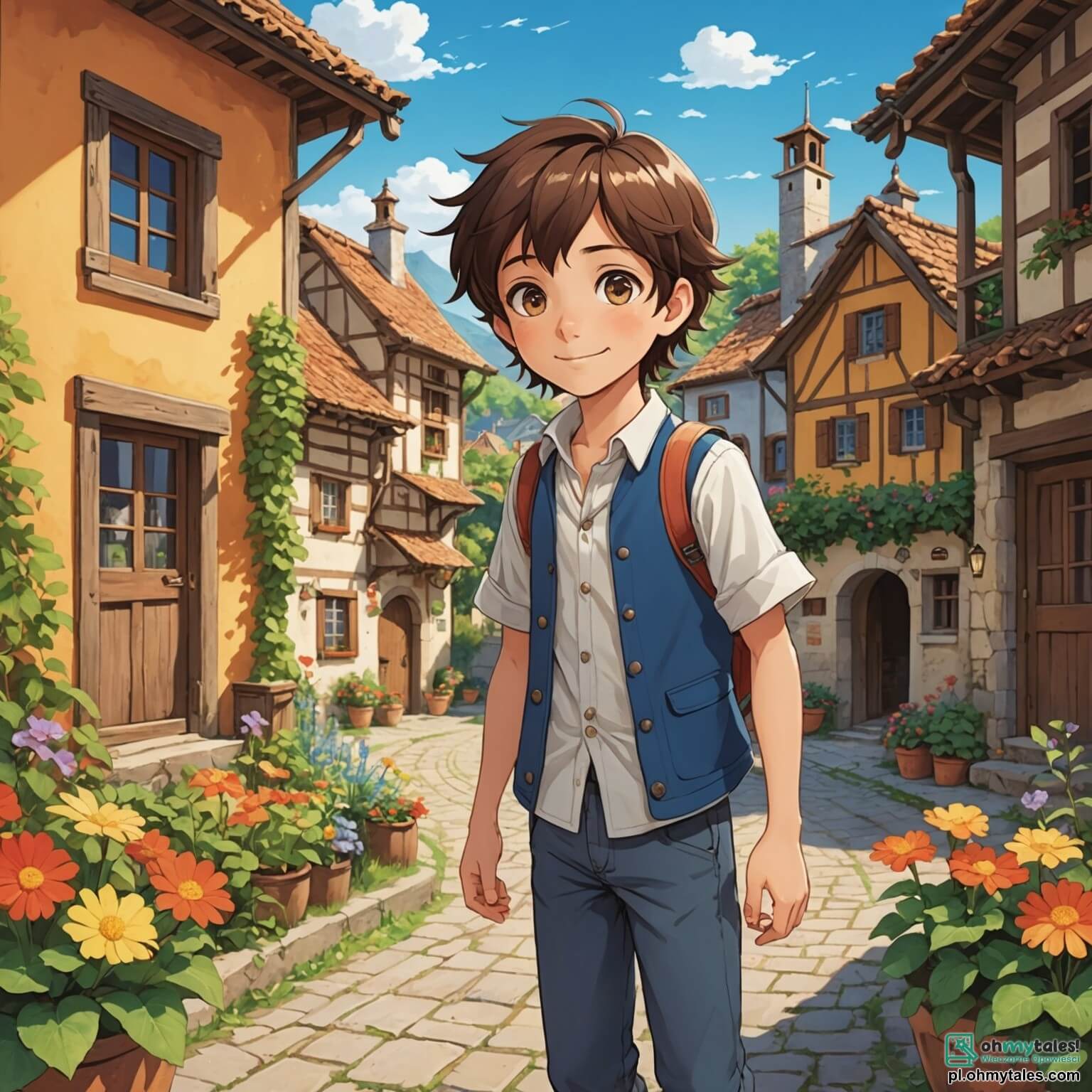 Une illustration destinée aux enfants représentant un garçon aux cheveux châtains et aux yeux pétillants de curiosité, qui, dans un charmant petit village aux maisons colorées aux volets en bois et aux jardins fleuris, se lance dans une aventure pour accueillir une nouvelle voisine, une fille aux longs cheveux noirs et au sourire chaleureux, tout en découvrant la beauté de la diversité culturelle à travers des jeux et des recettes partagées avec un autre garçon, un jeune ami aux origines lointaines, dans un cadre ensoleillé où les rires résonnent parmi les arbres verdoyants et les fleurs éclatantes.